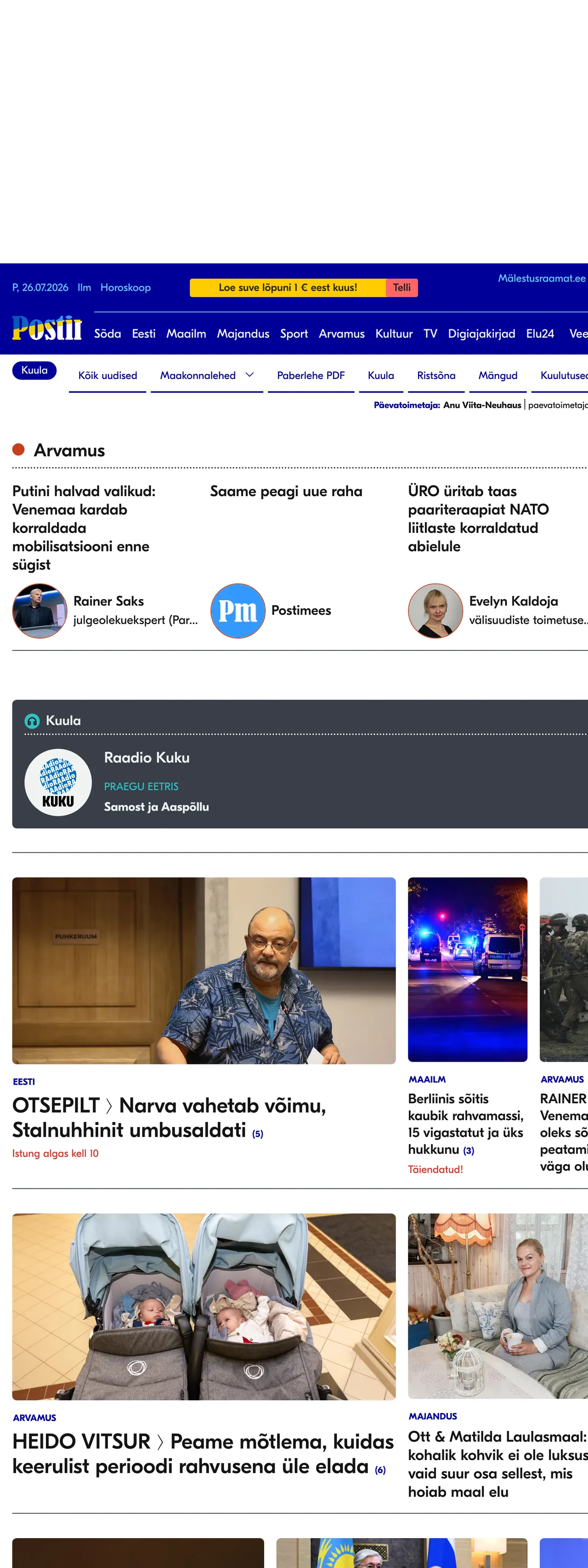 Screenshot of the Postimees front page