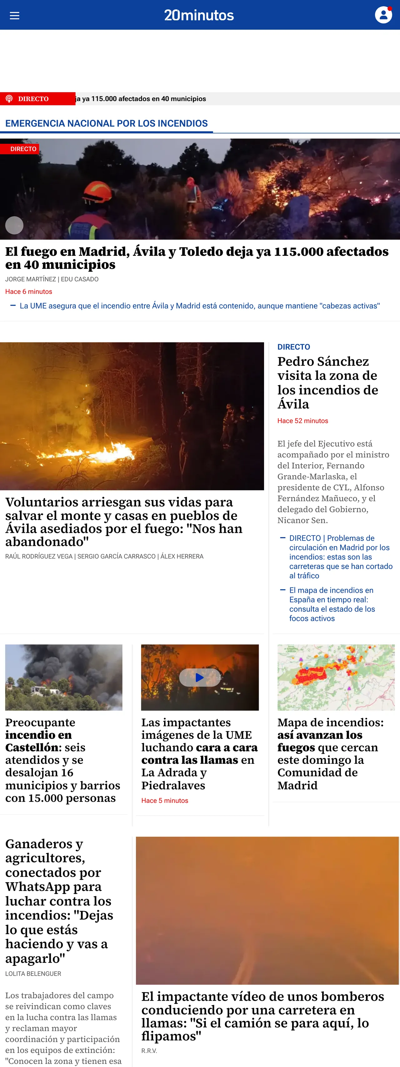 Screenshot of the 20minutos front page