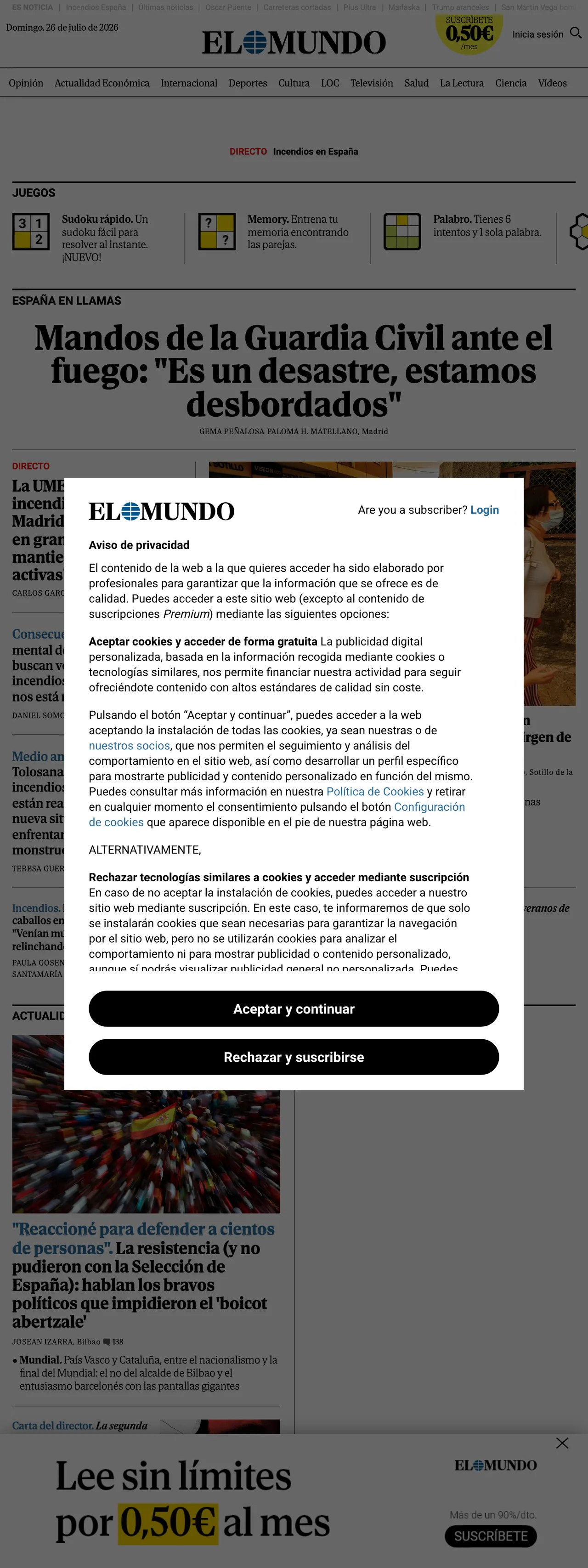 Screenshot of the El Mundo front page