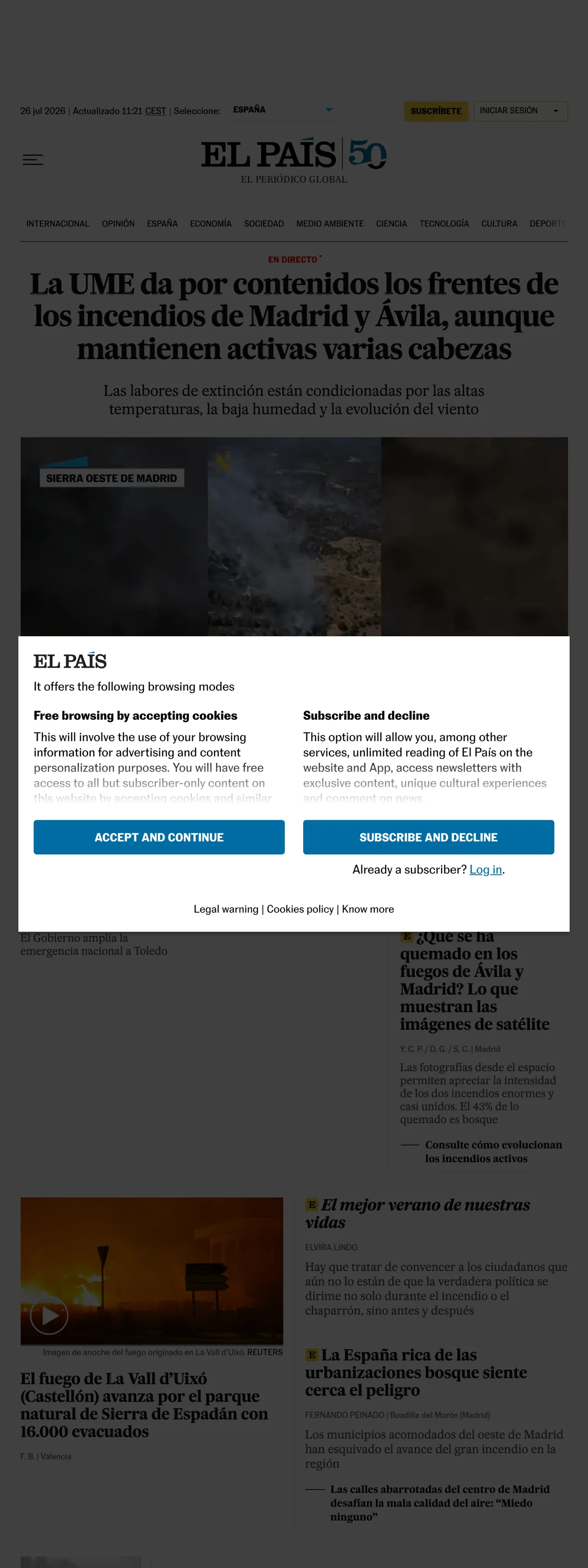 Screenshot of the EL PAÍS front page