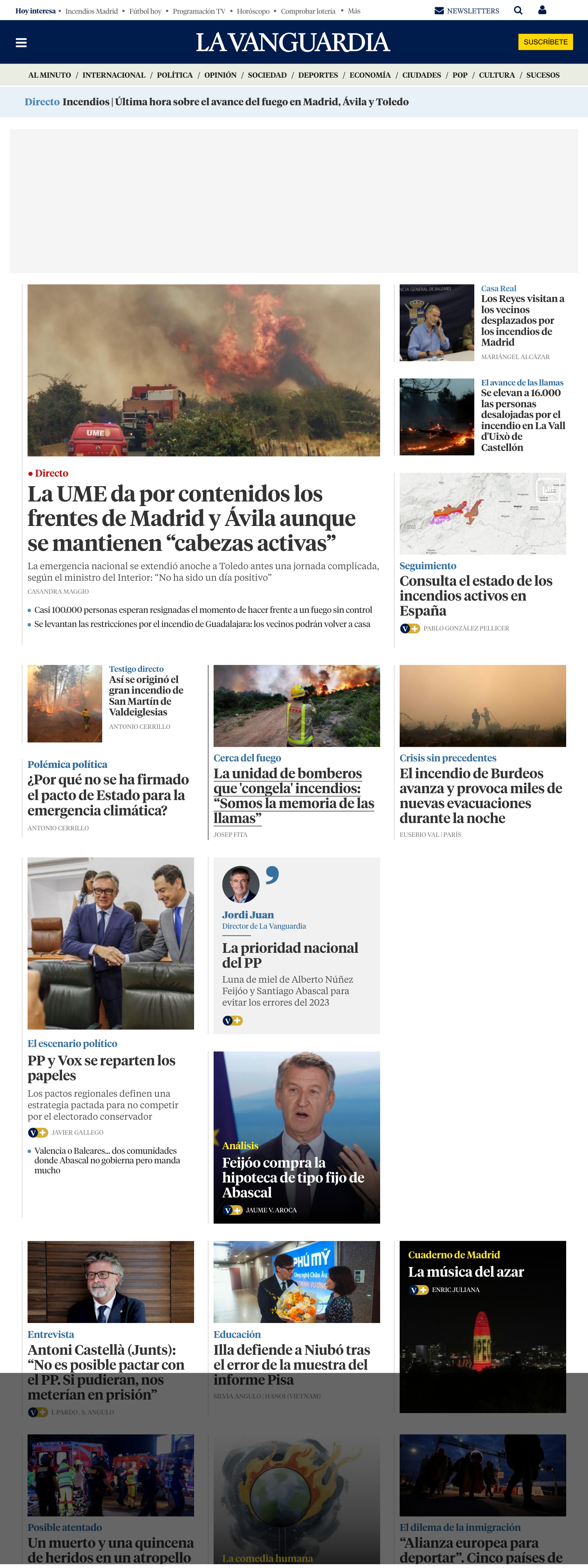 Screenshot of the La Vanguardia front page
