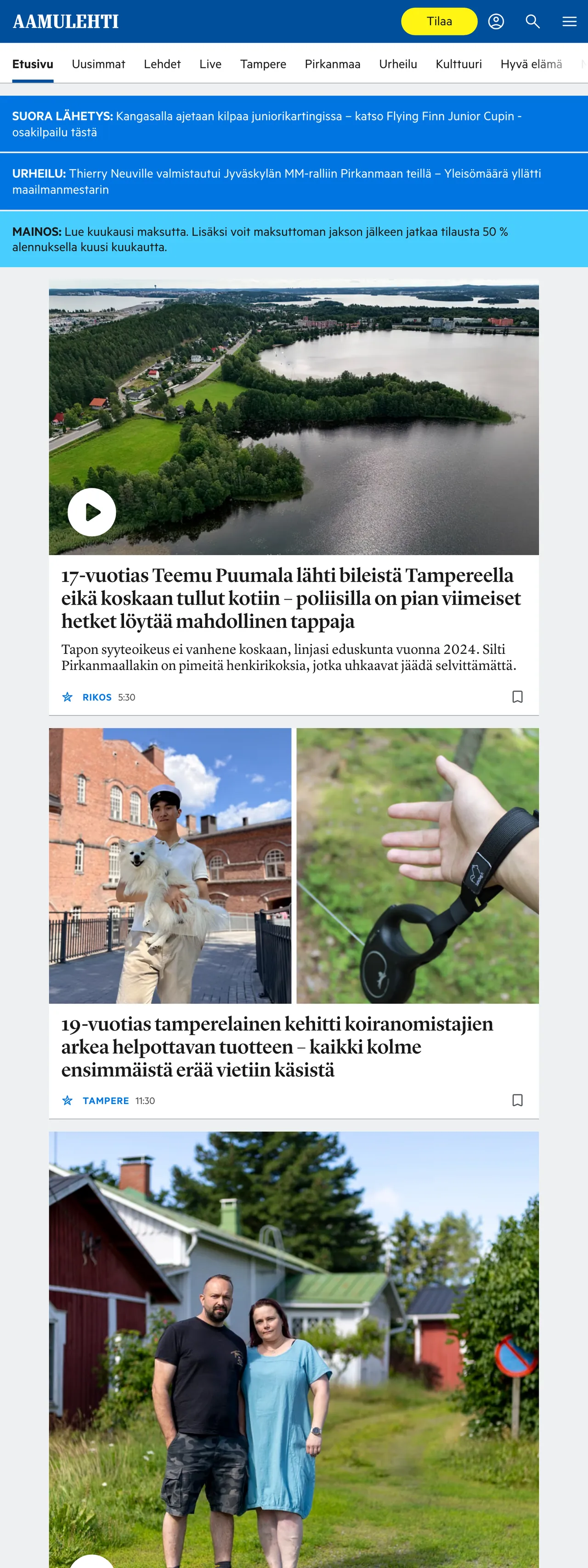 Screenshot of the Aamulehti front page