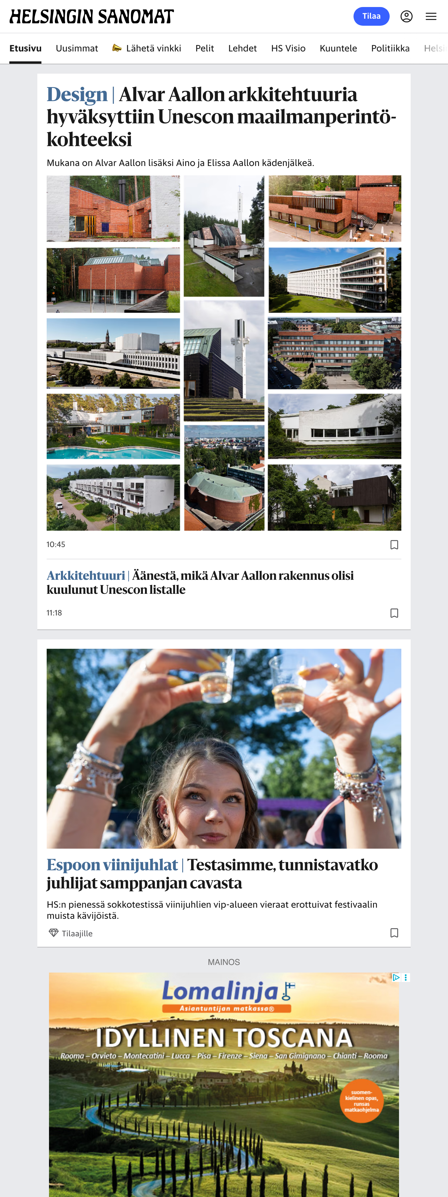 Screenshot of the Helsingin Sanomat front page