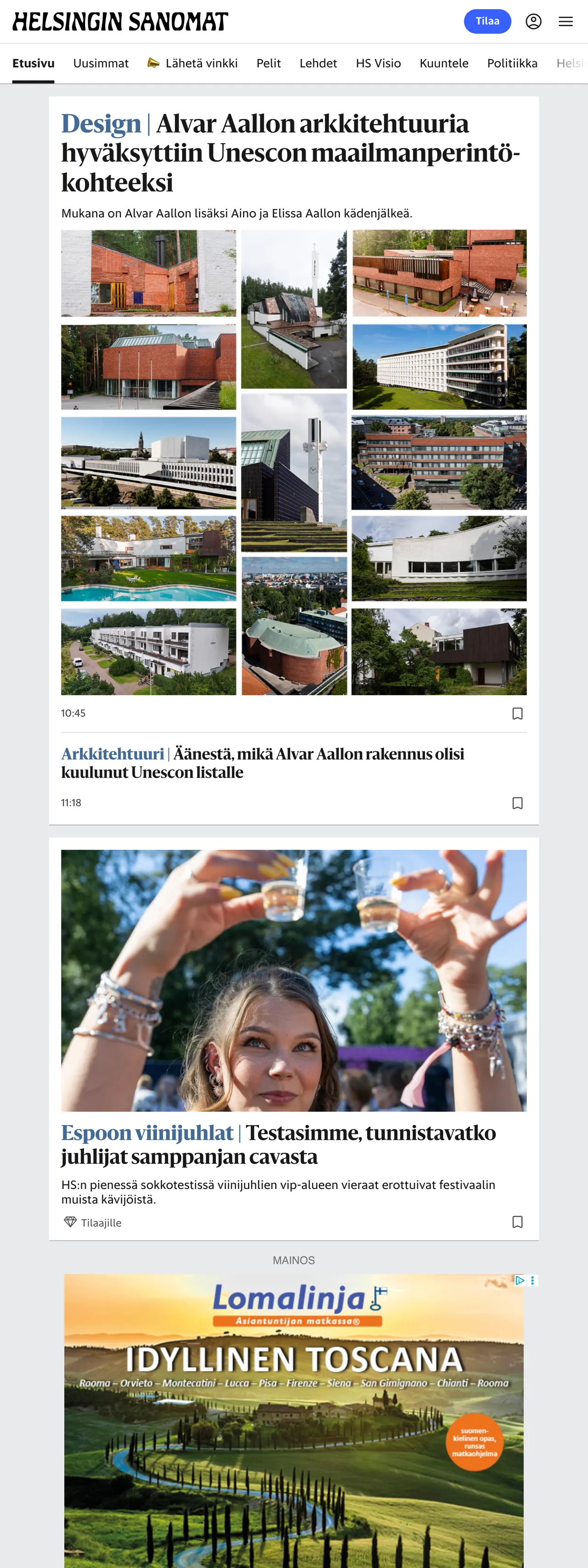 Screenshot of the Helsingin Sanomat front page