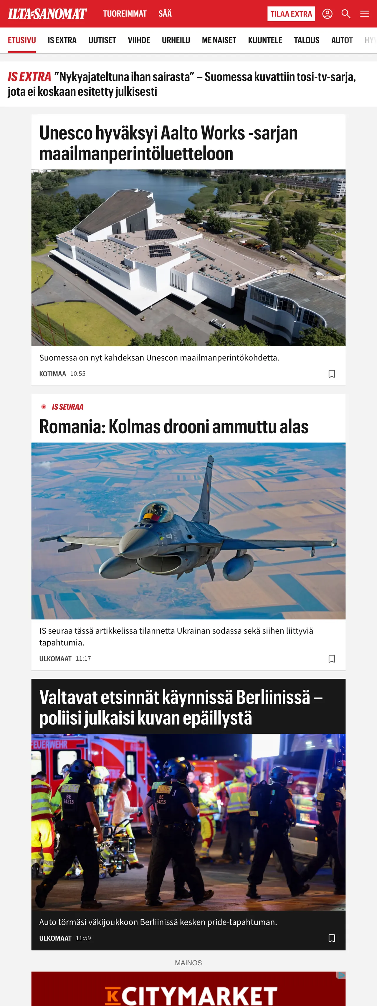 Screenshot of the Ilta-Sanomat front page