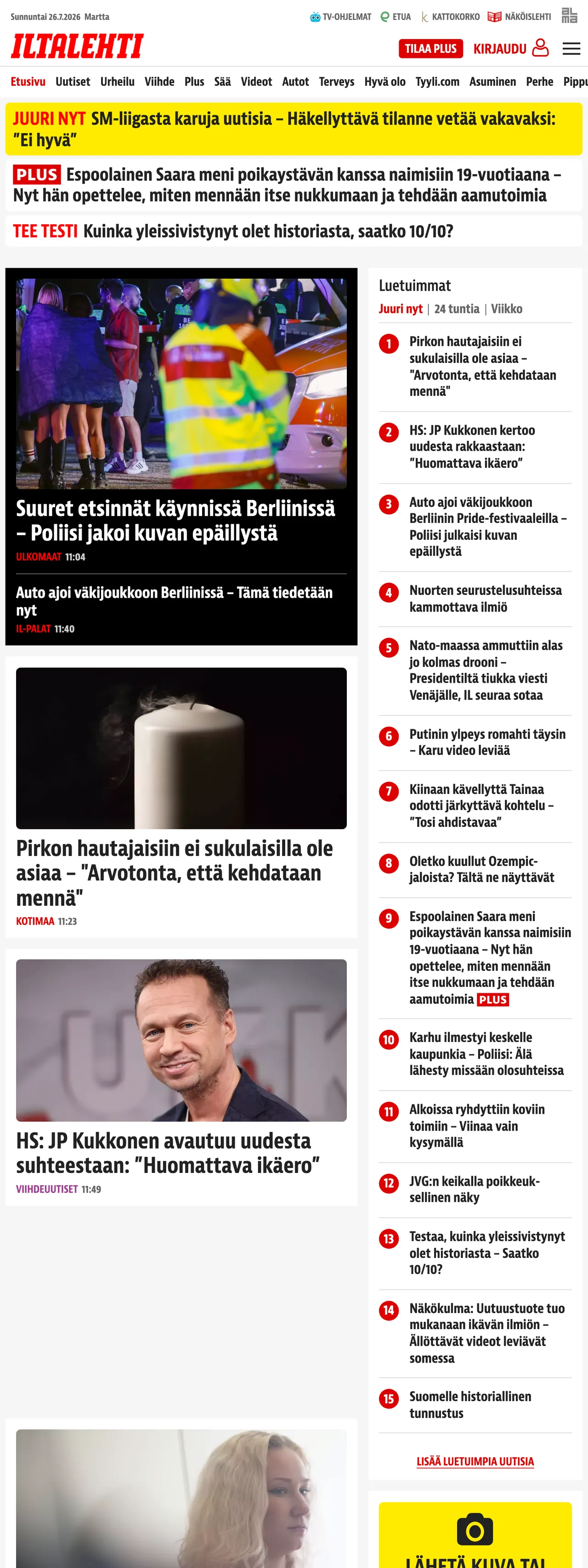 Screenshot of the Iltalehti front page