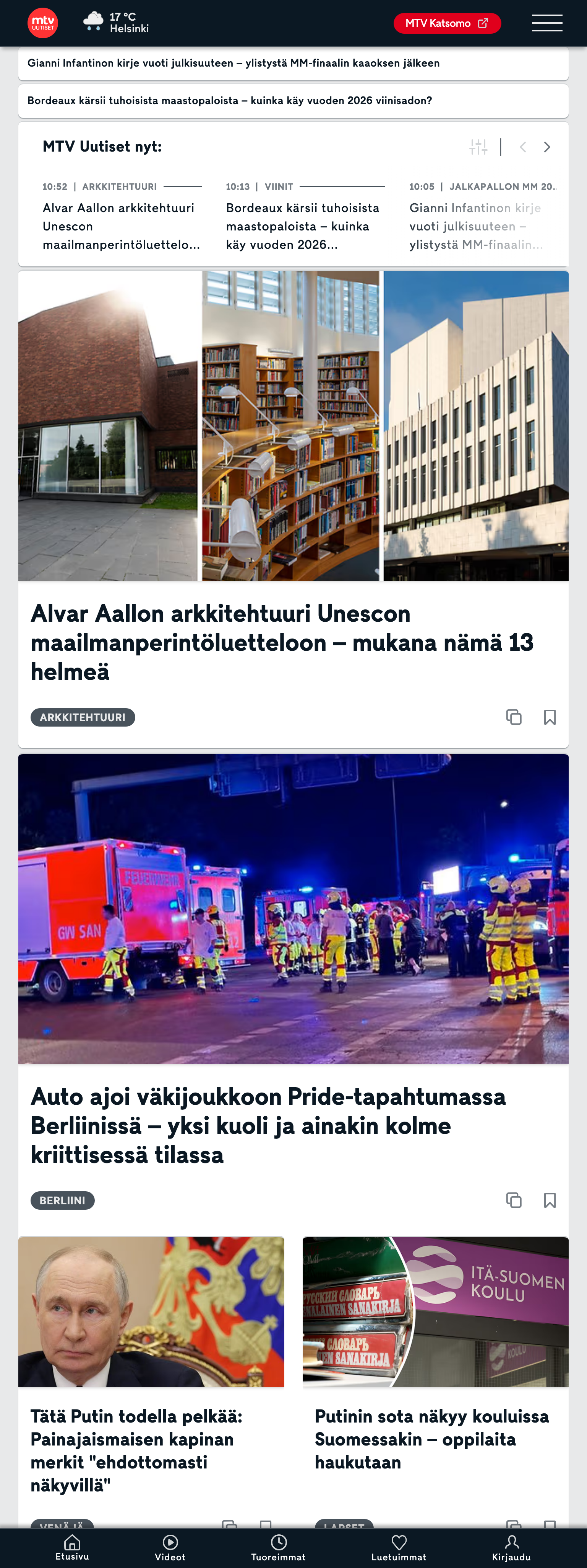 Screenshot of the MTV Uutiset front page