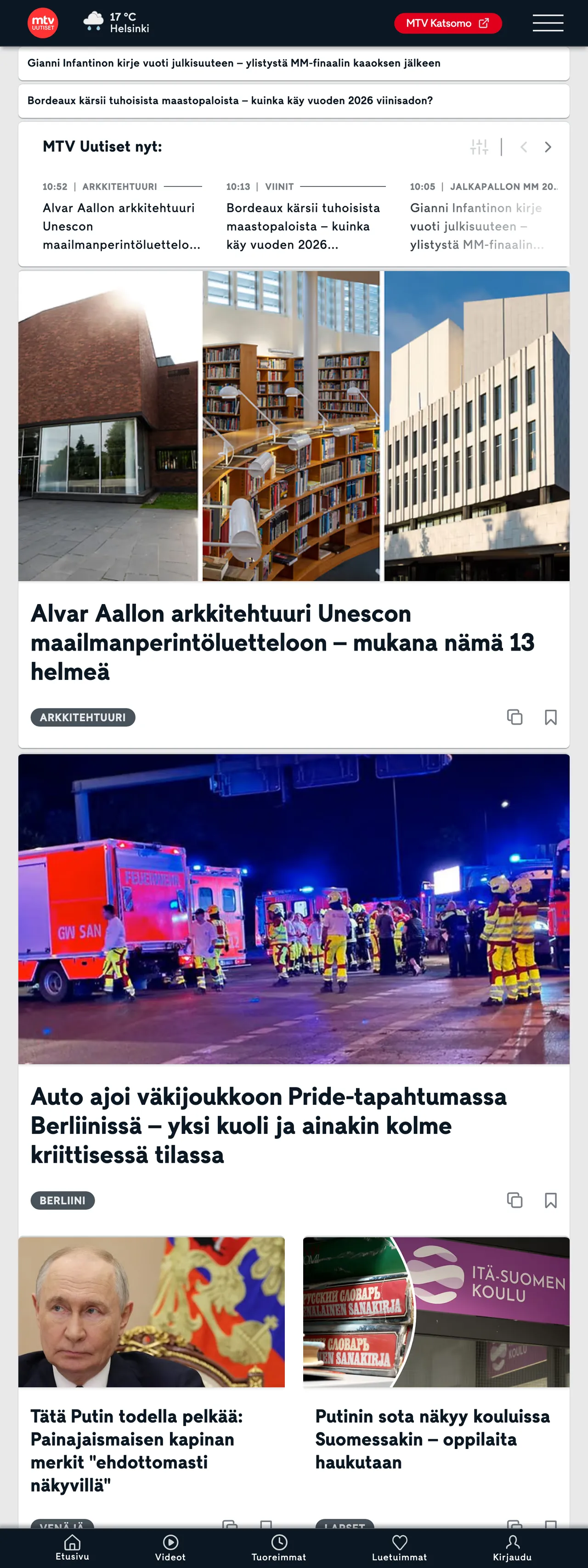 Screenshot of the MTV Uutiset front page