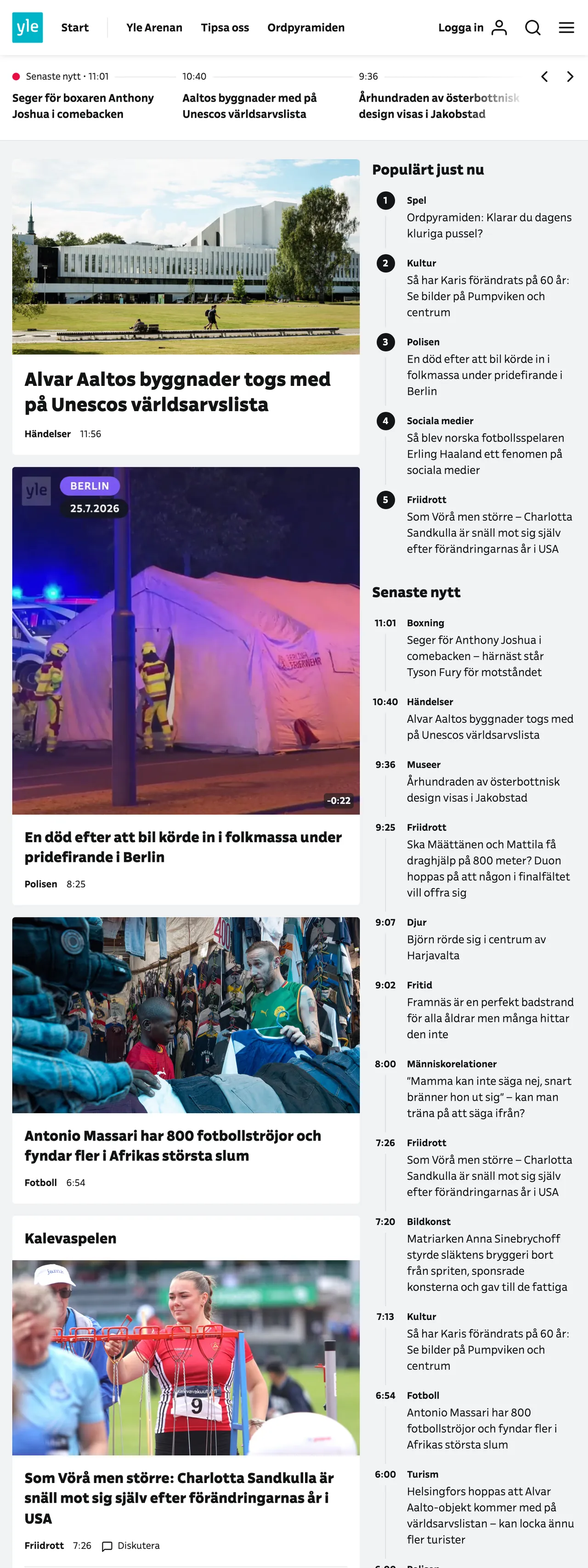 Screenshot of the Svenska Yle front page