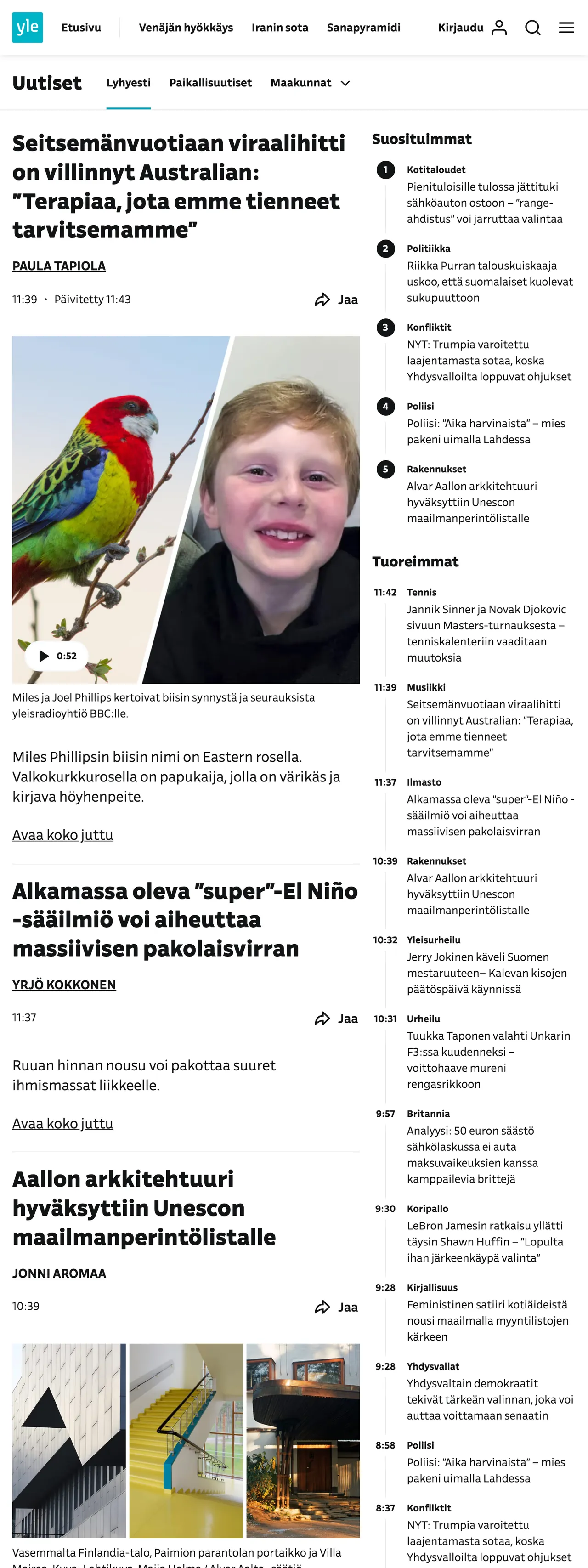 Screenshot of the Yle front page