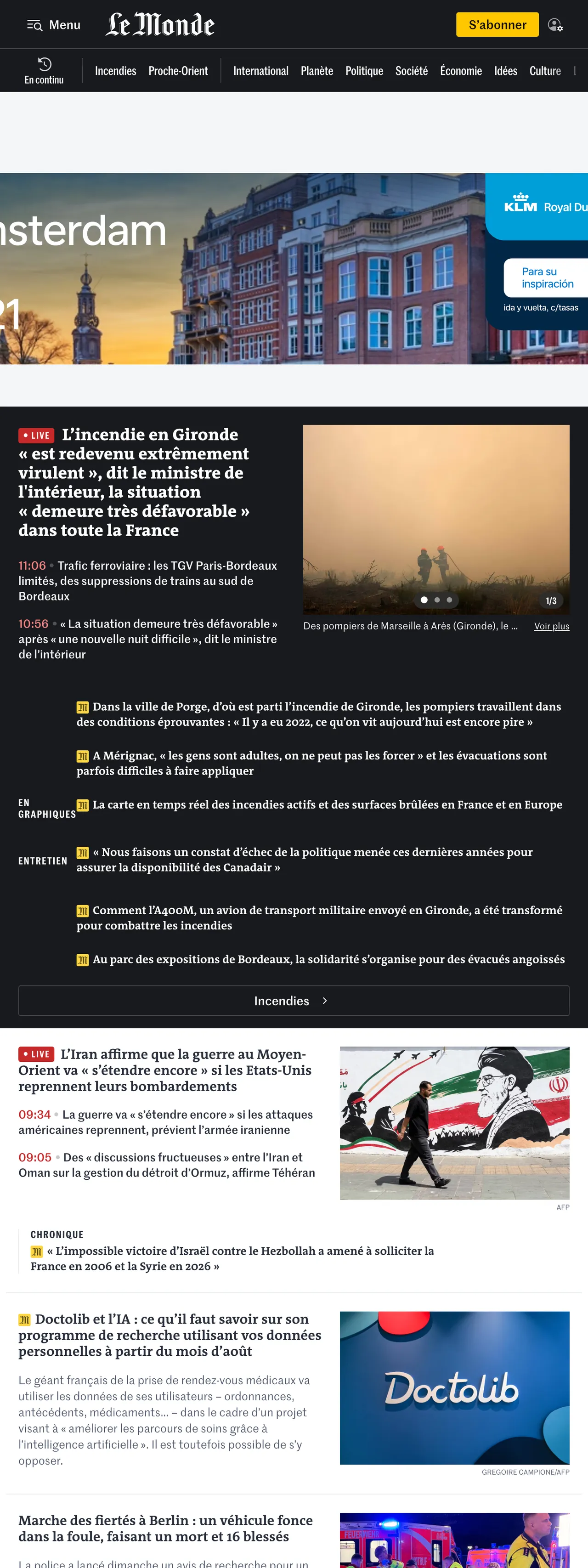 Screenshot of the Le Monde front page