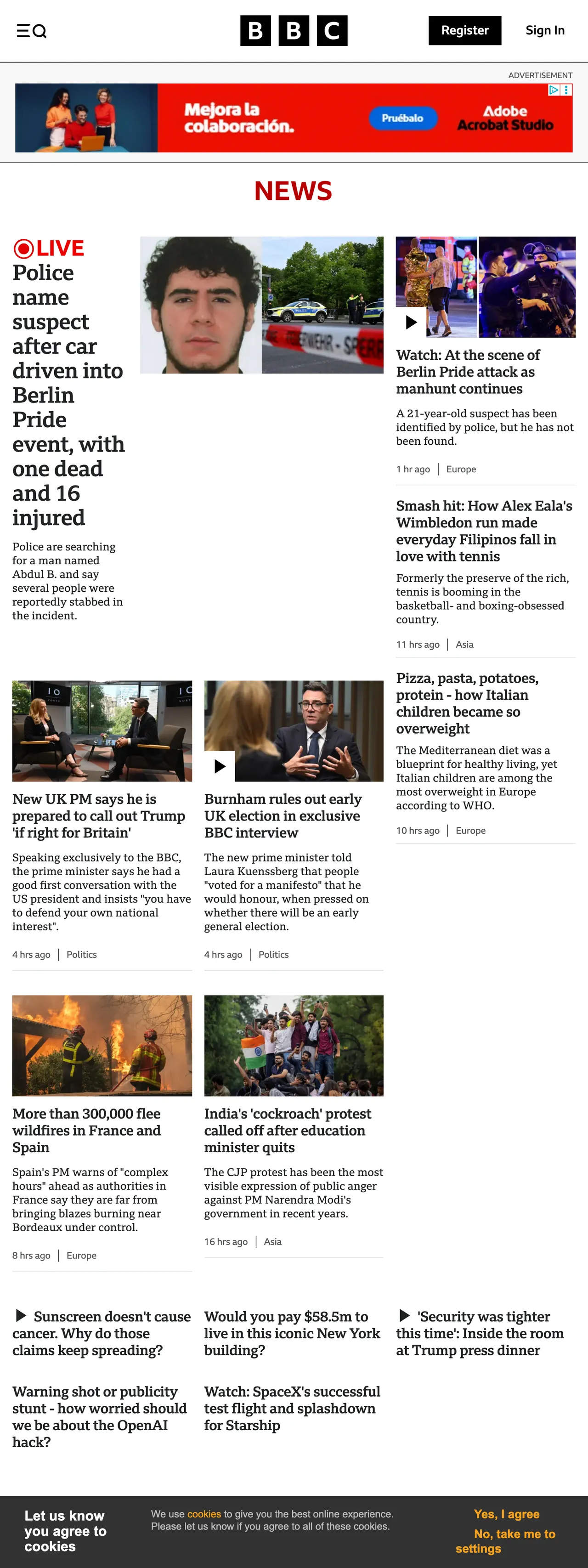 Screenshot of the BBC News front page
