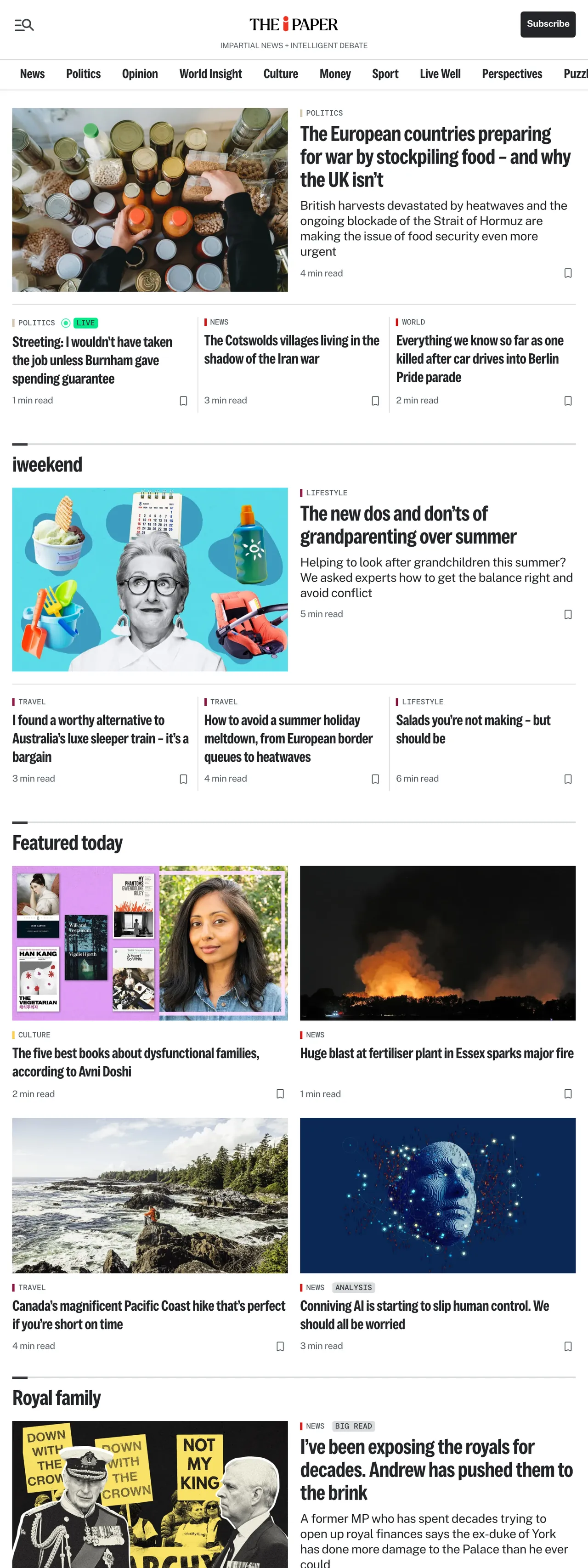 Screenshot of the The i Paper front page