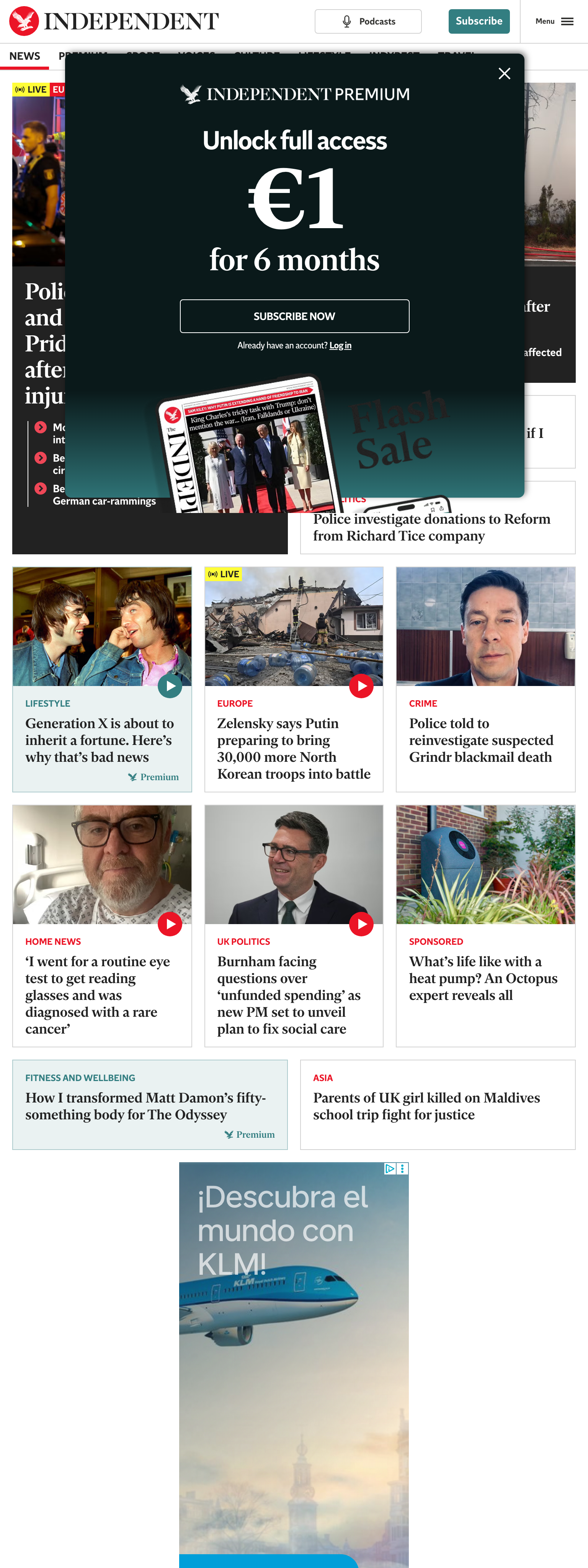 Screenshot of the The Independent front page