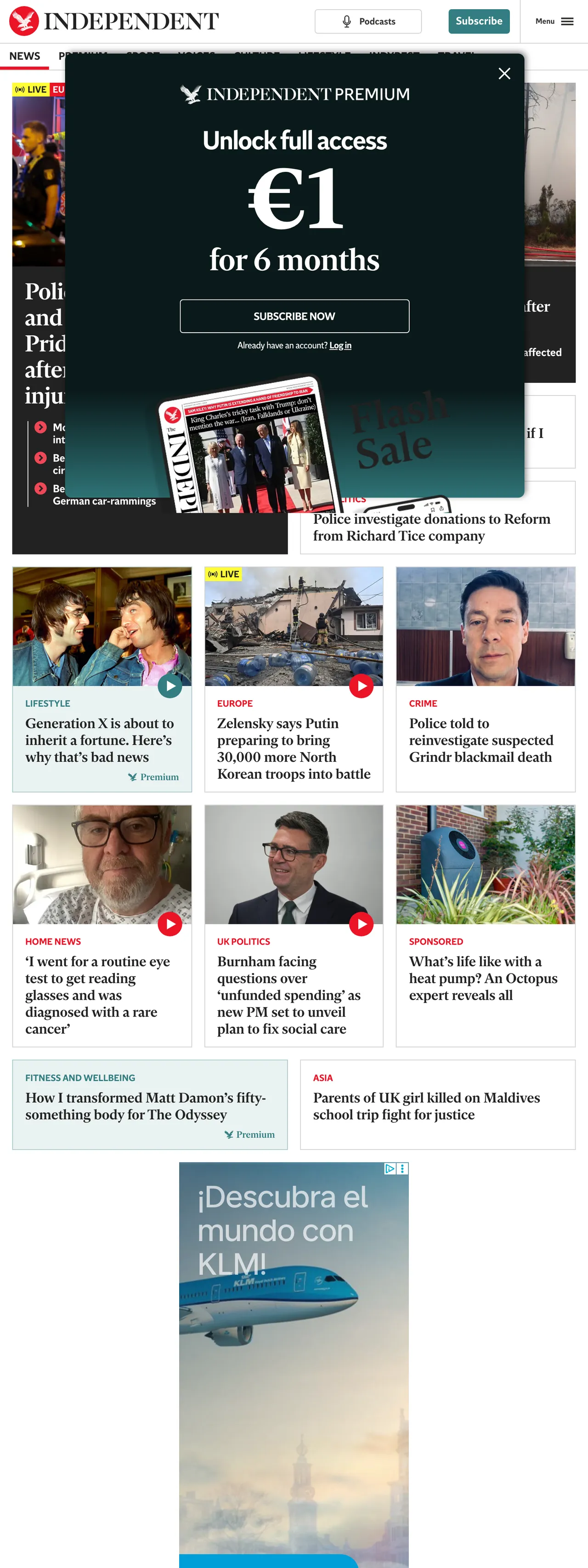 Screenshot of the The Independent front page