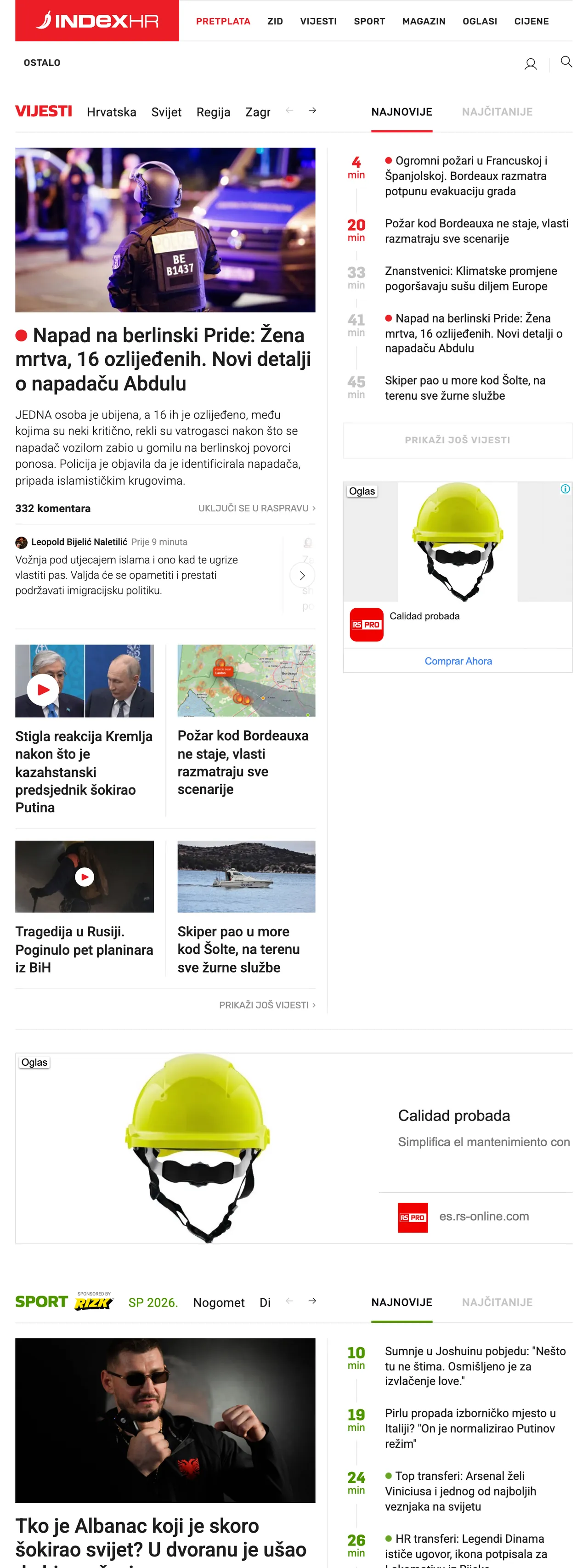 Screenshot of the Index.hr front page