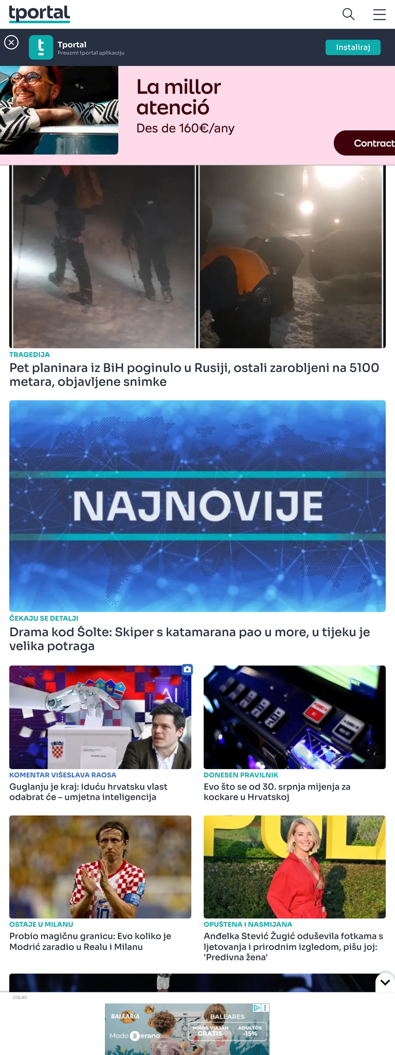 Screenshot of the tportal front page