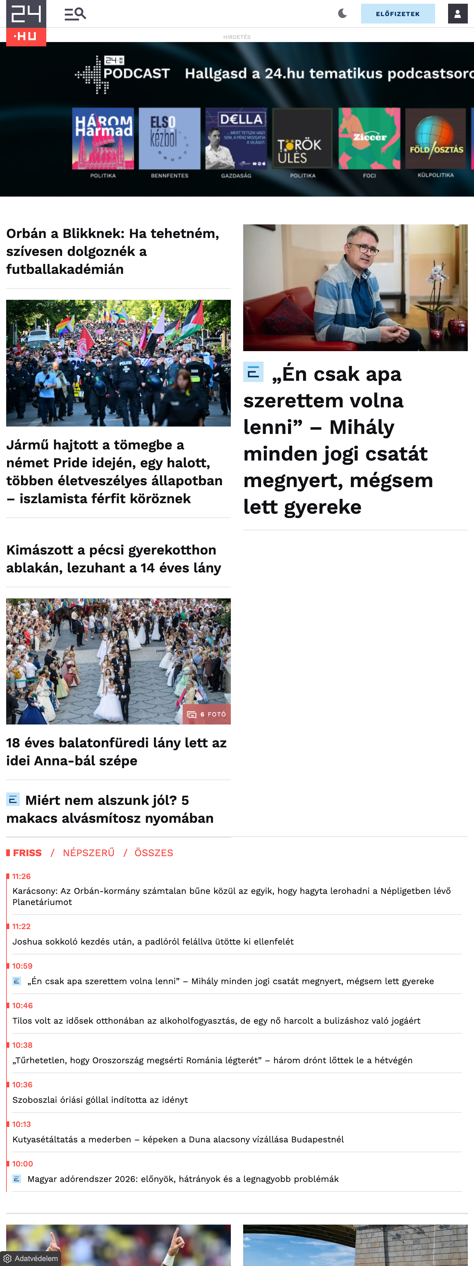 Screenshot of the 24.hu front page