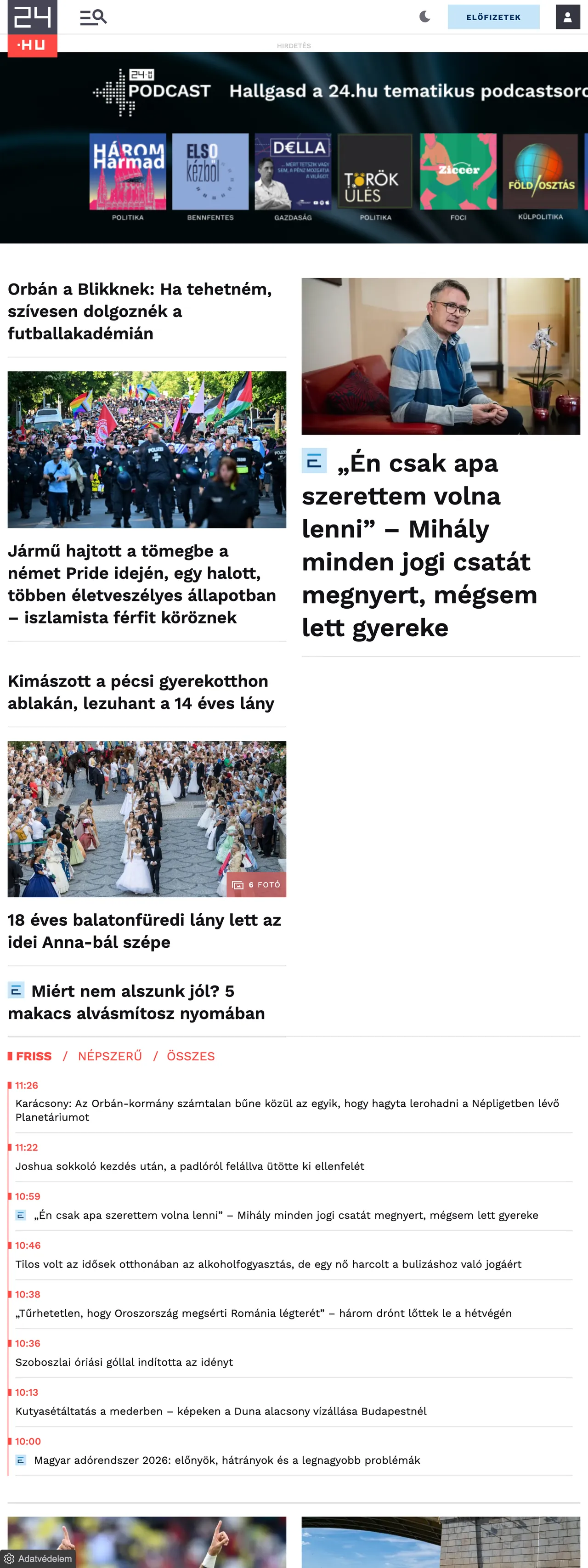Screenshot of the 24.hu front page