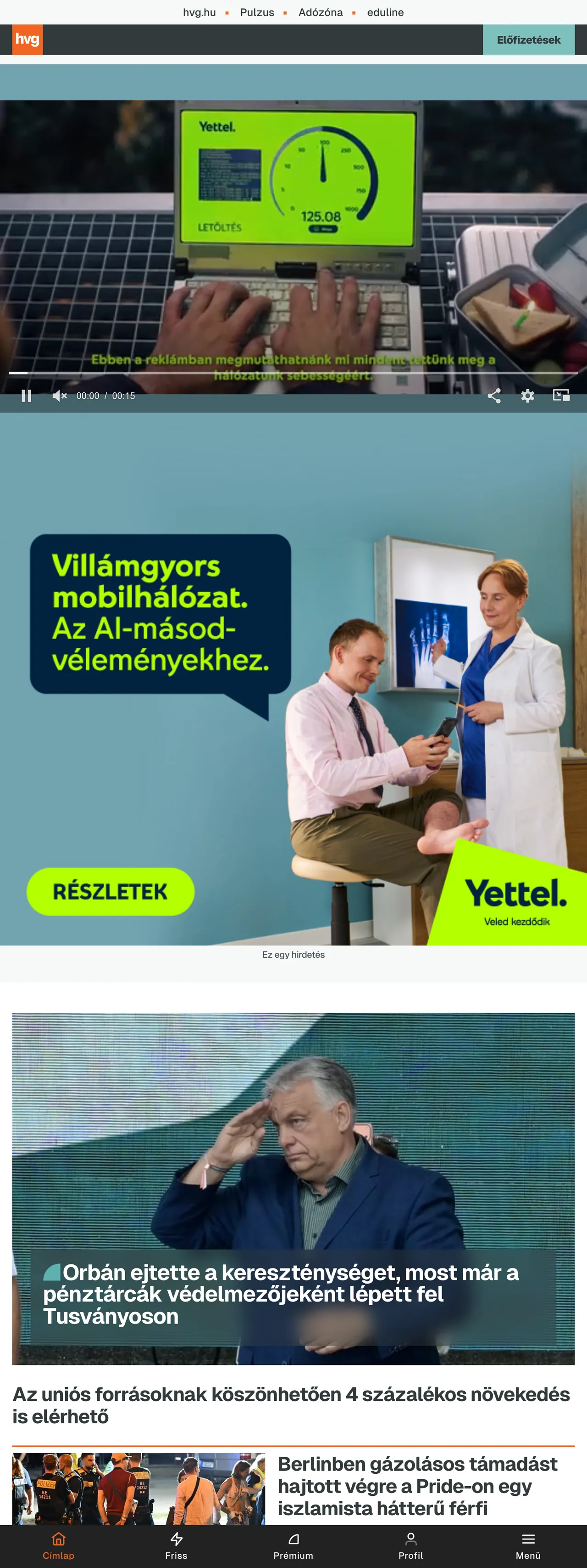 Screenshot of the HVG front page