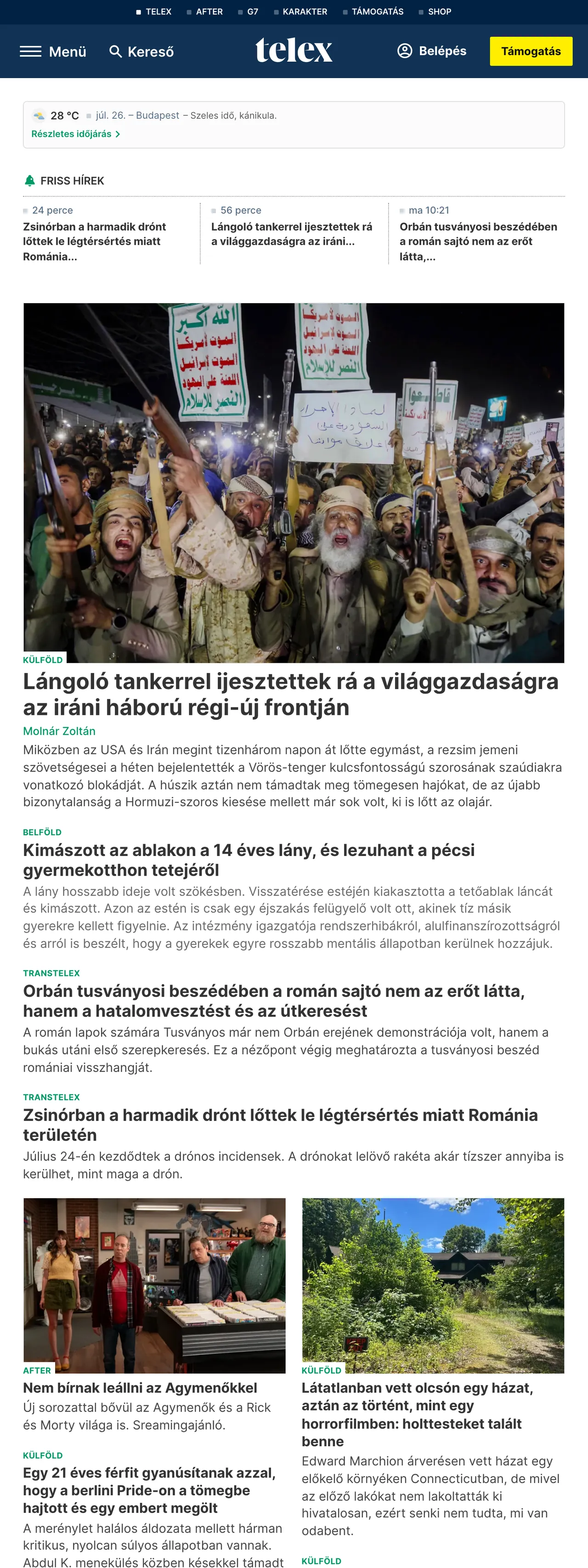 Screenshot of the Telex front page