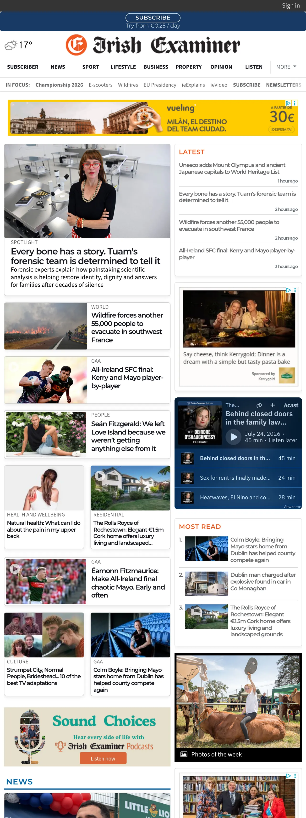 Screenshot of the Irish Examiner front page