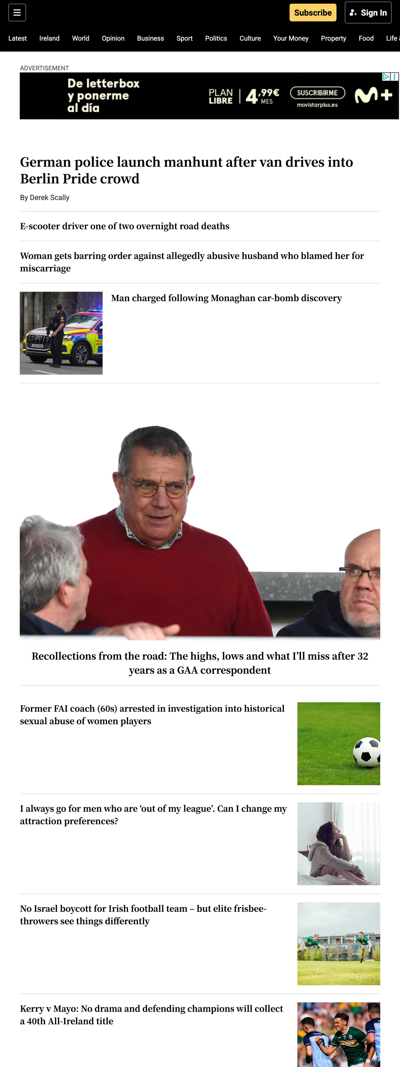 Screenshot of the The Irish Times front page
