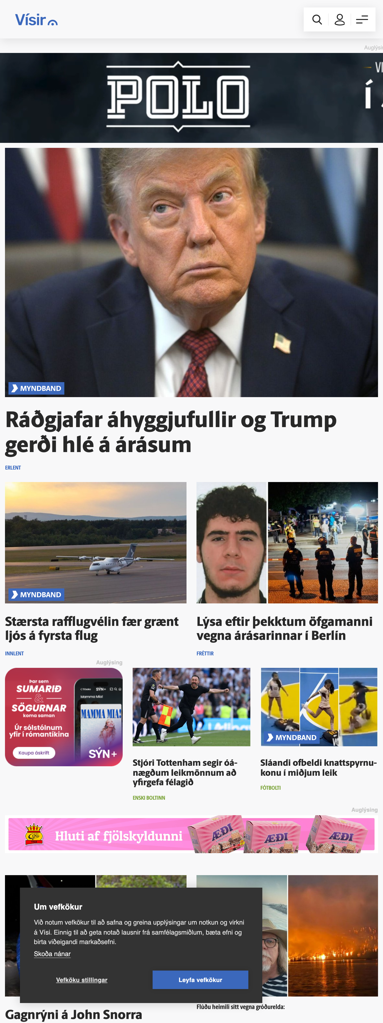 Screenshot of the Vísir front page