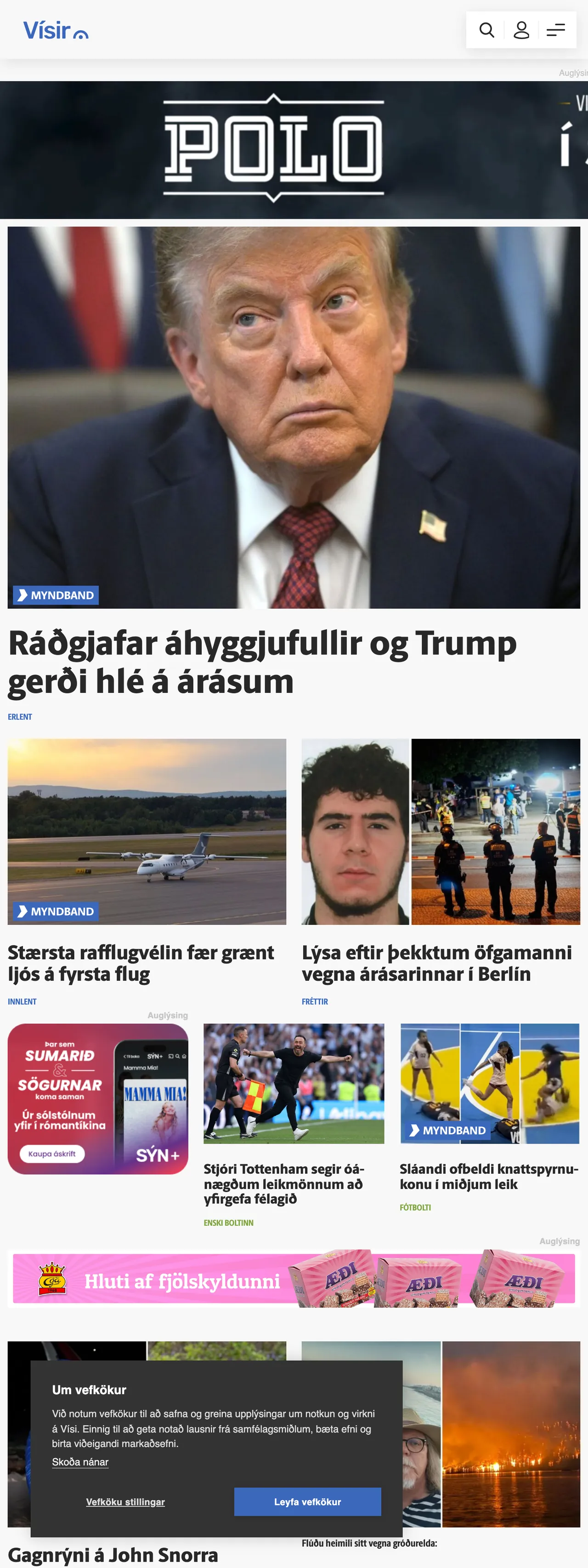Screenshot of the Vísir front page