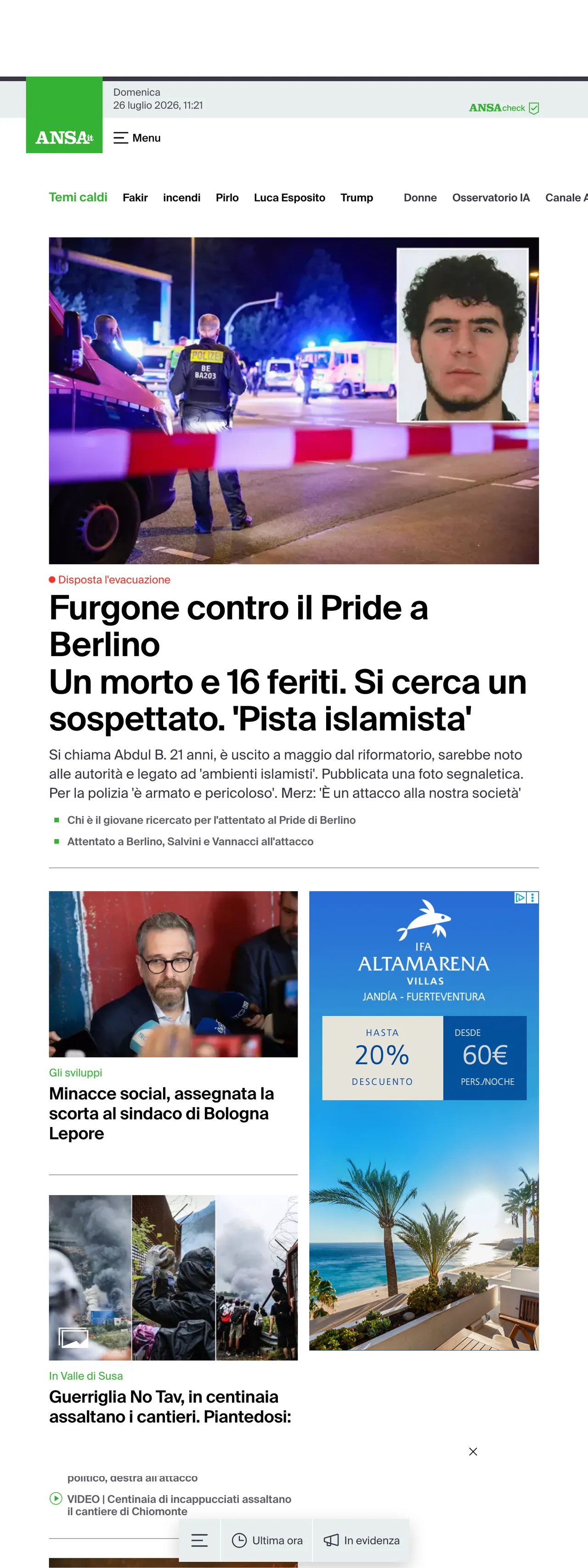 Screenshot of the ANSA front page