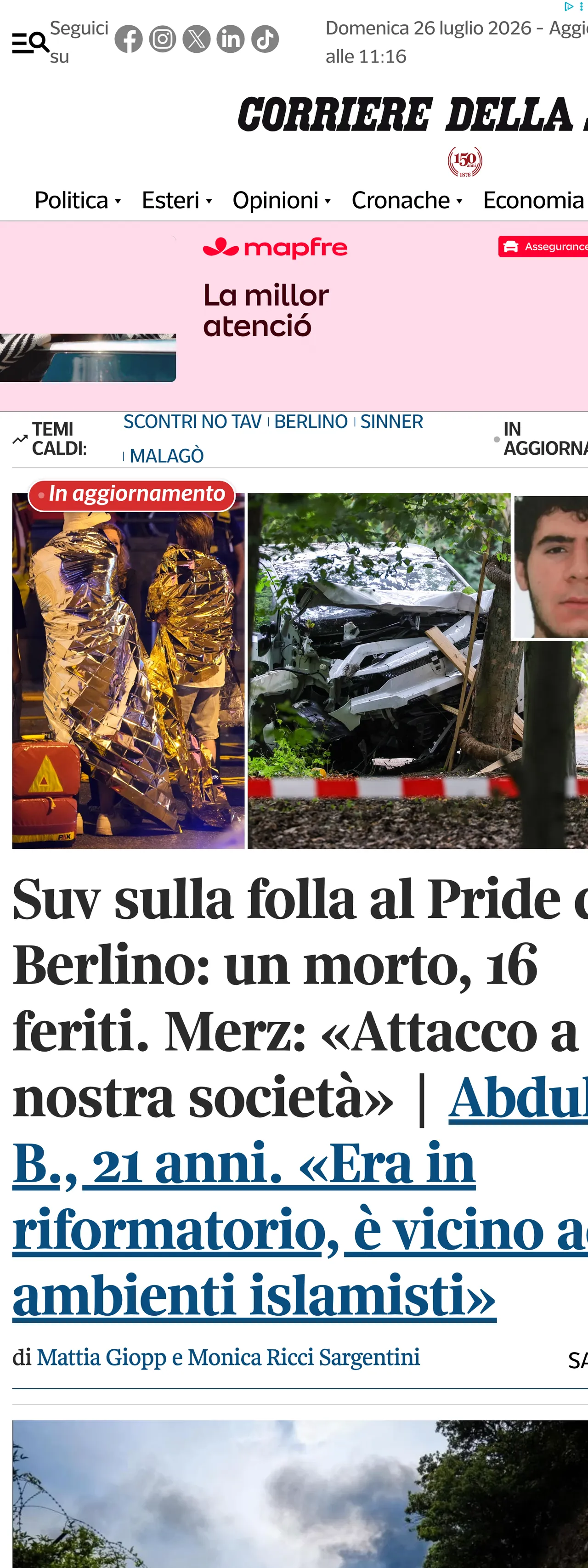Screenshot of the Corriere della Sera front page
