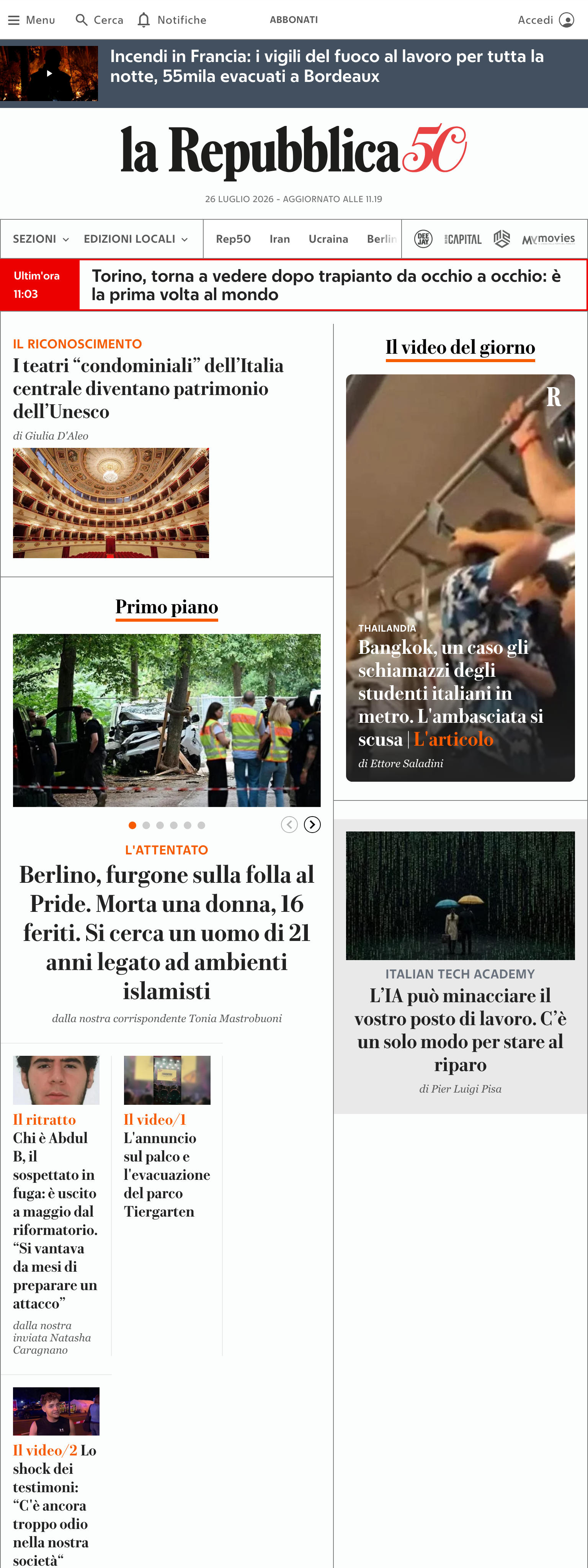 Screenshot of the la Repubblica front page