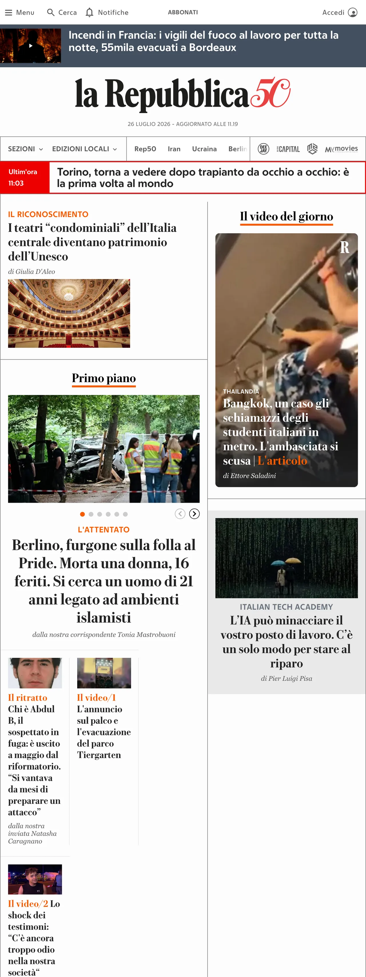 Screenshot of the la Repubblica front page