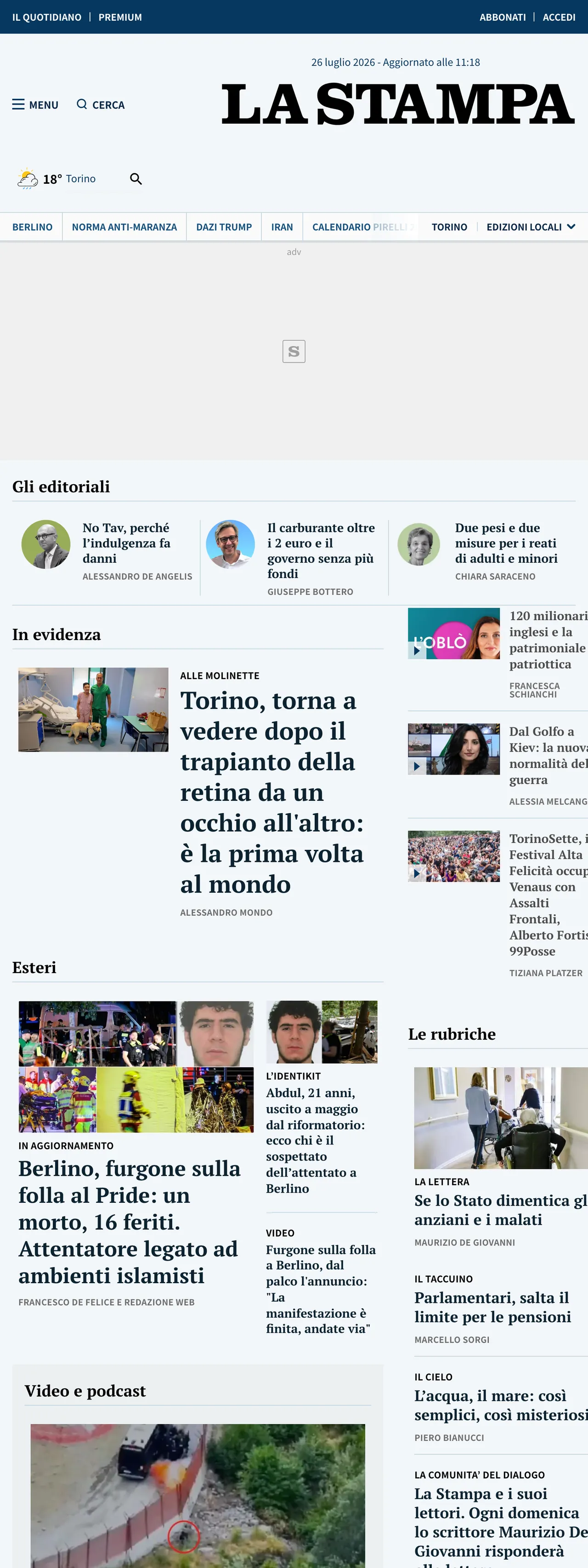 Screenshot of the La Stampa front page