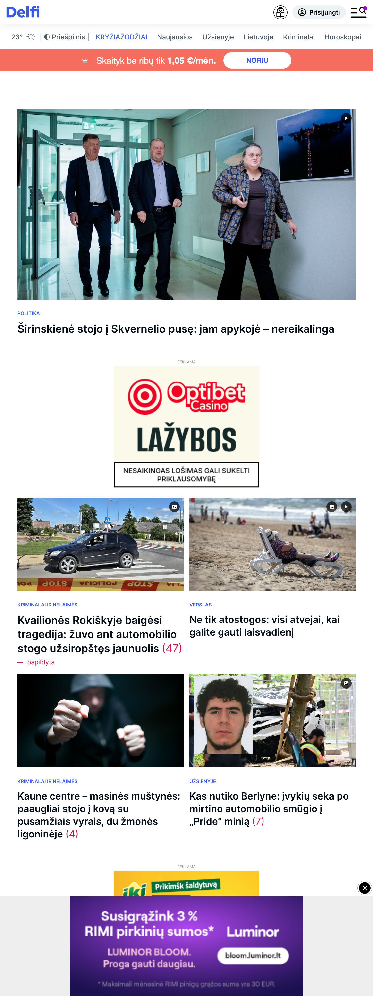 Screenshot of the Delfi front page
