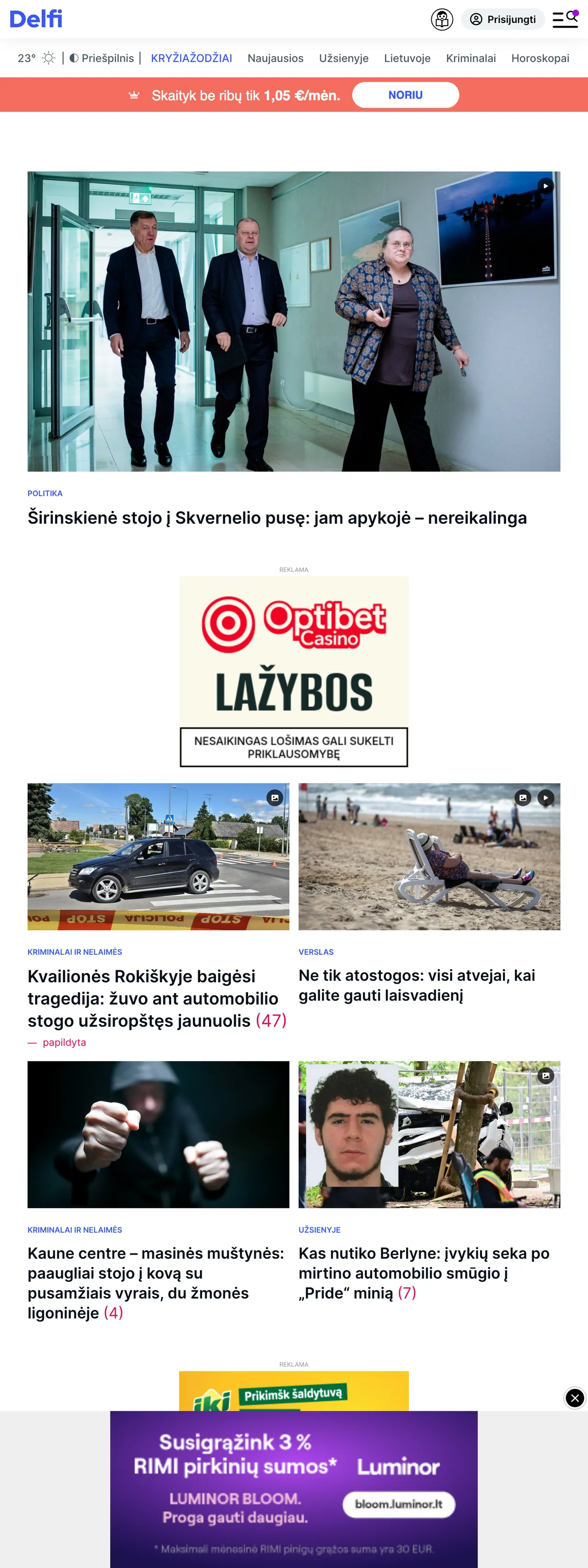 Screenshot of the Delfi front page