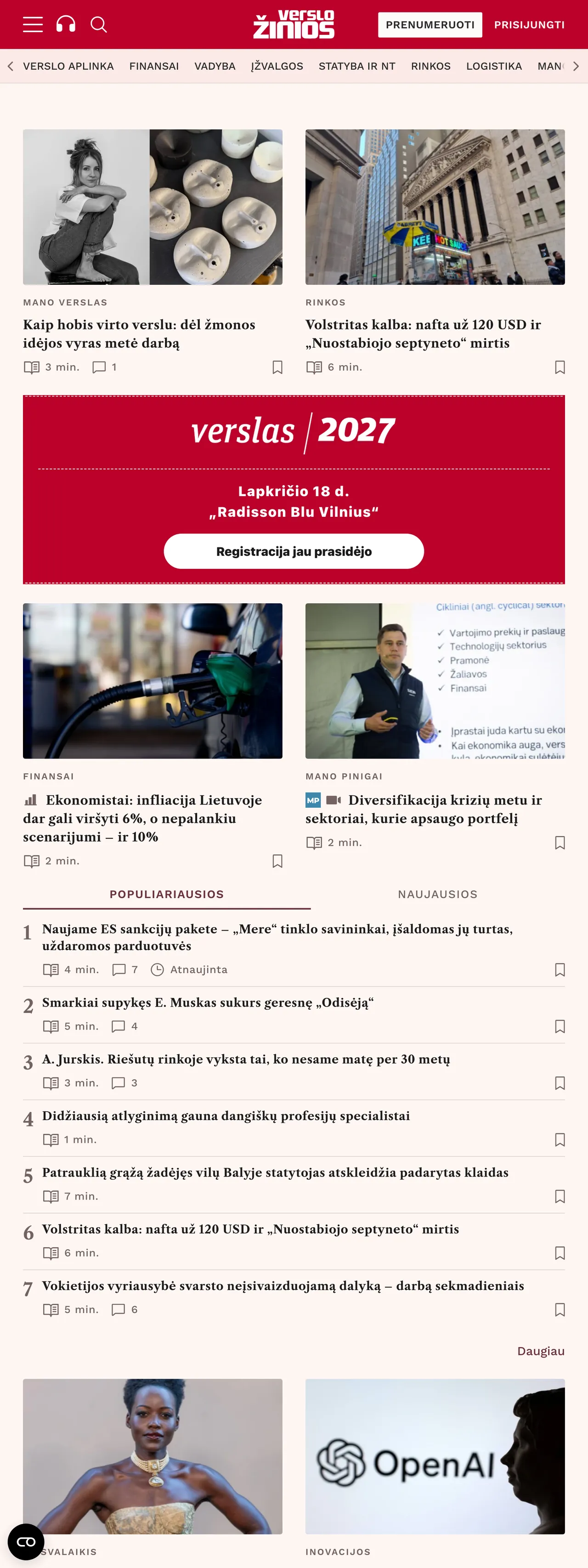 Screenshot of the Verslo žinios front page