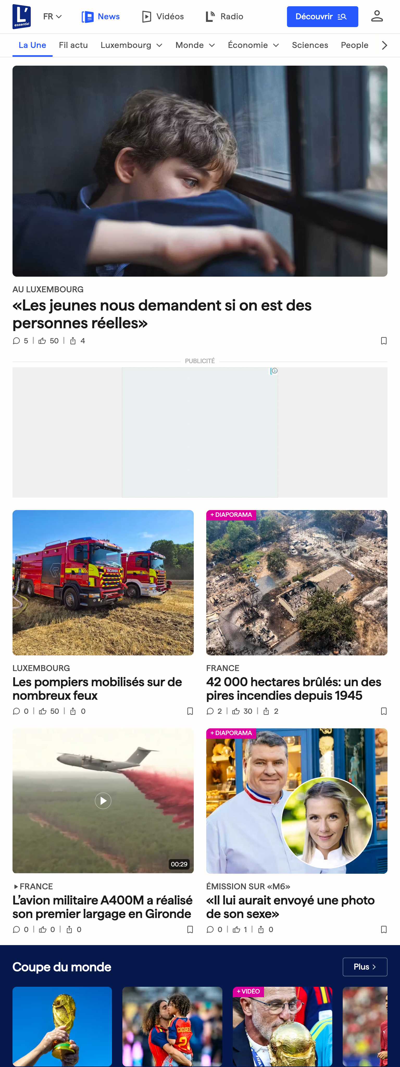 Screenshot of the L'essentiel front page