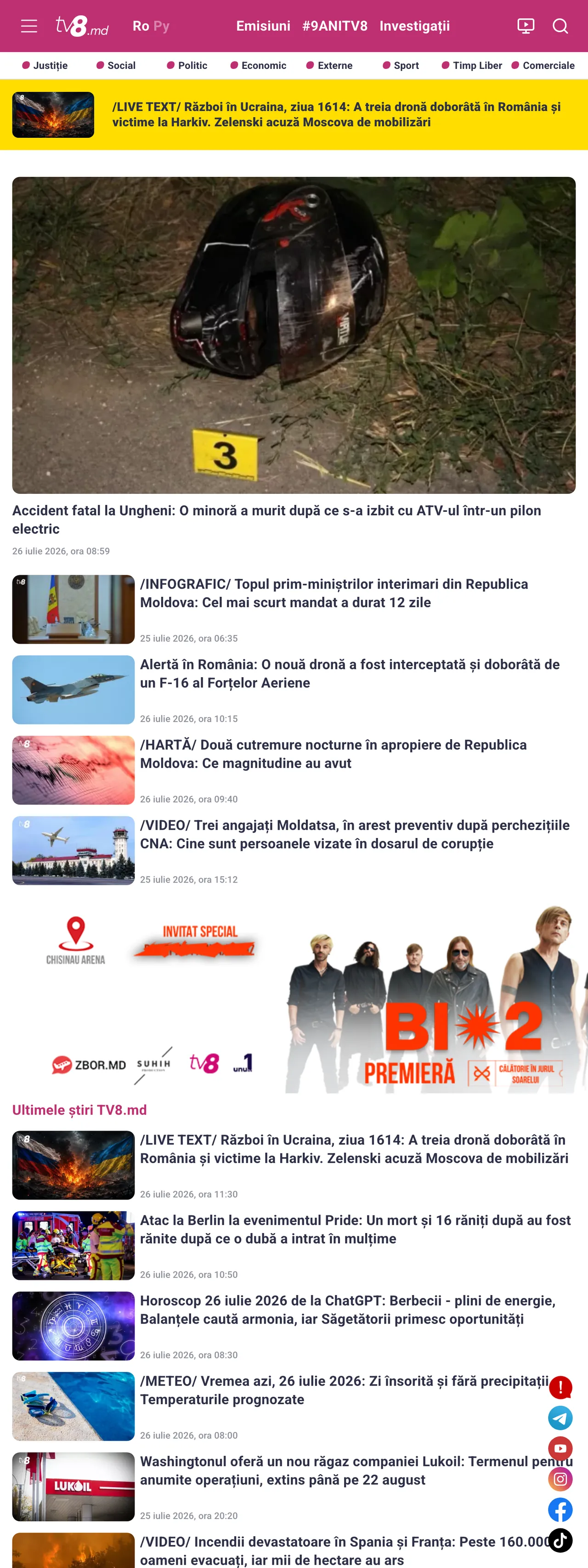 Screenshot of the TV8 front page