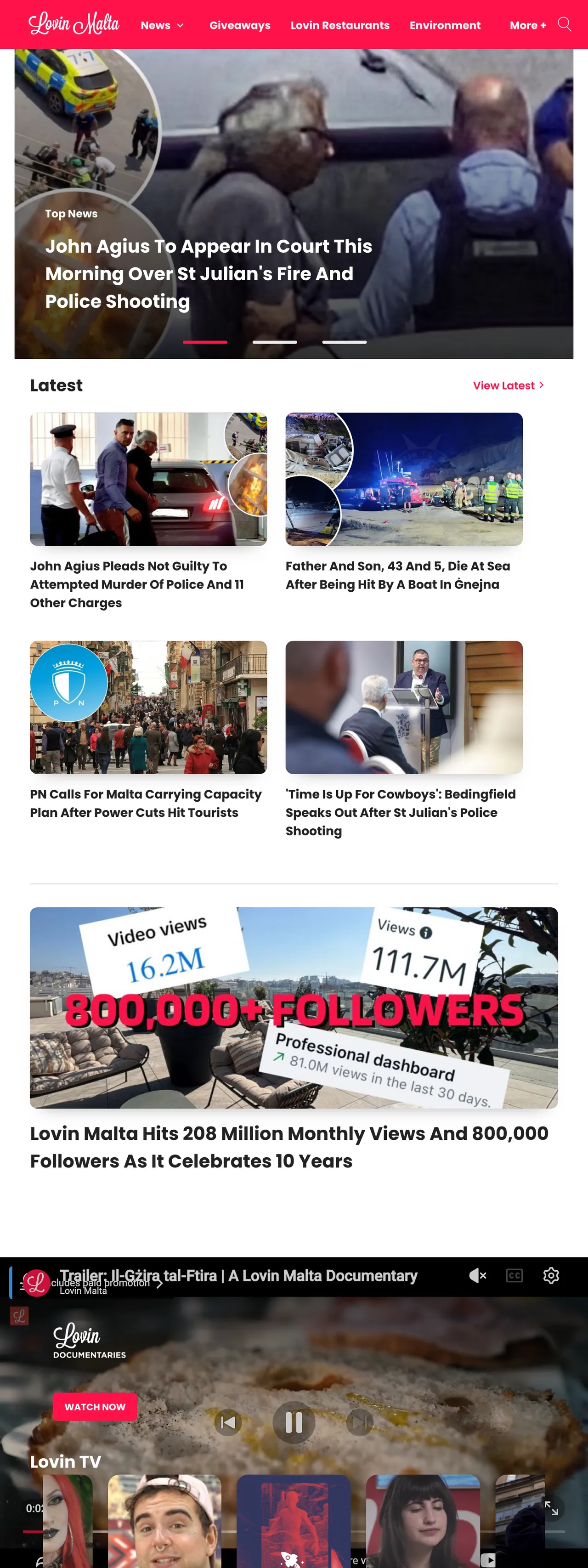 Screenshot of the Lovin Malta front page
