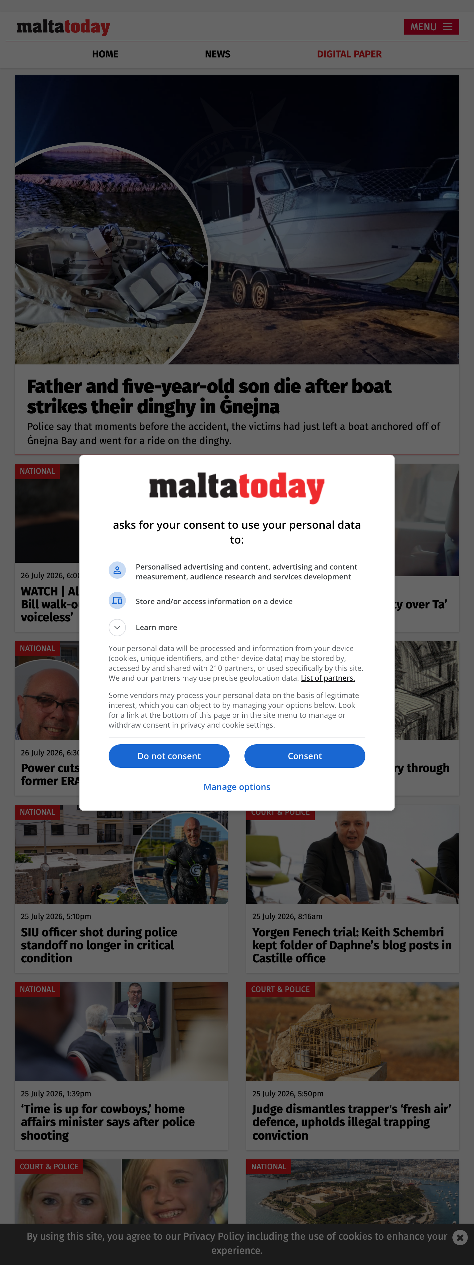 Screenshot of the Malta Today front page