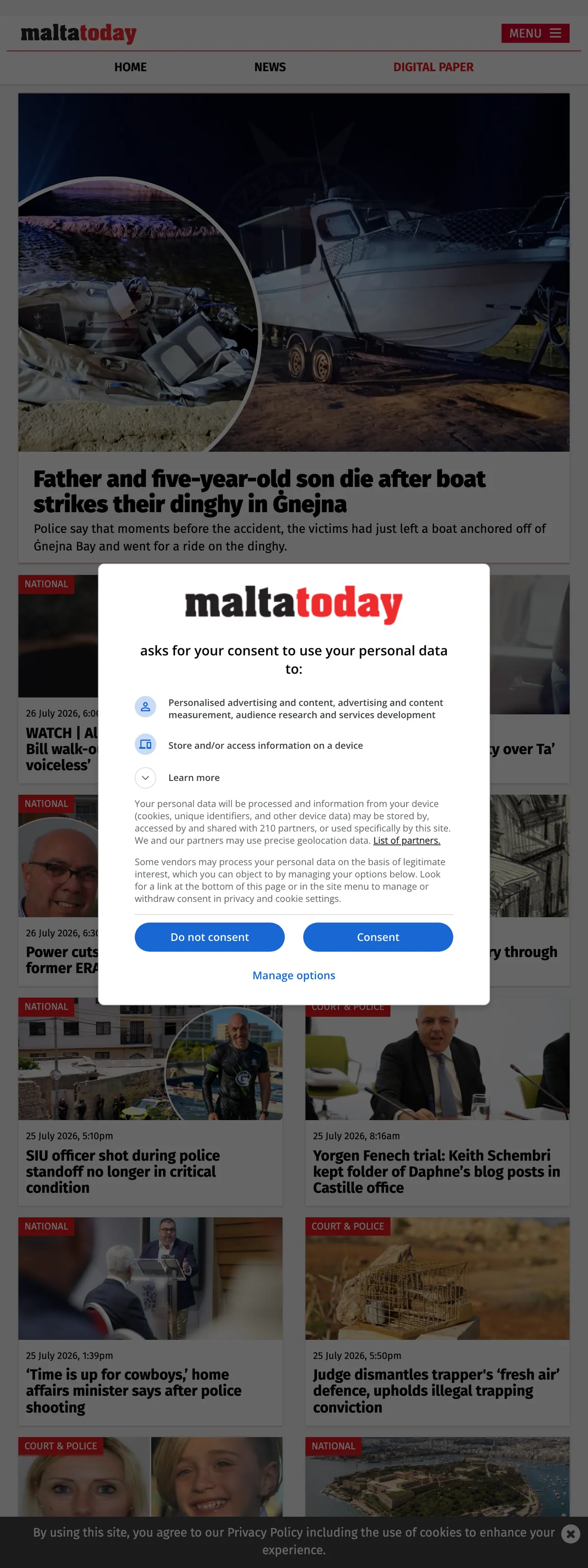 Screenshot of the Malta Today front page