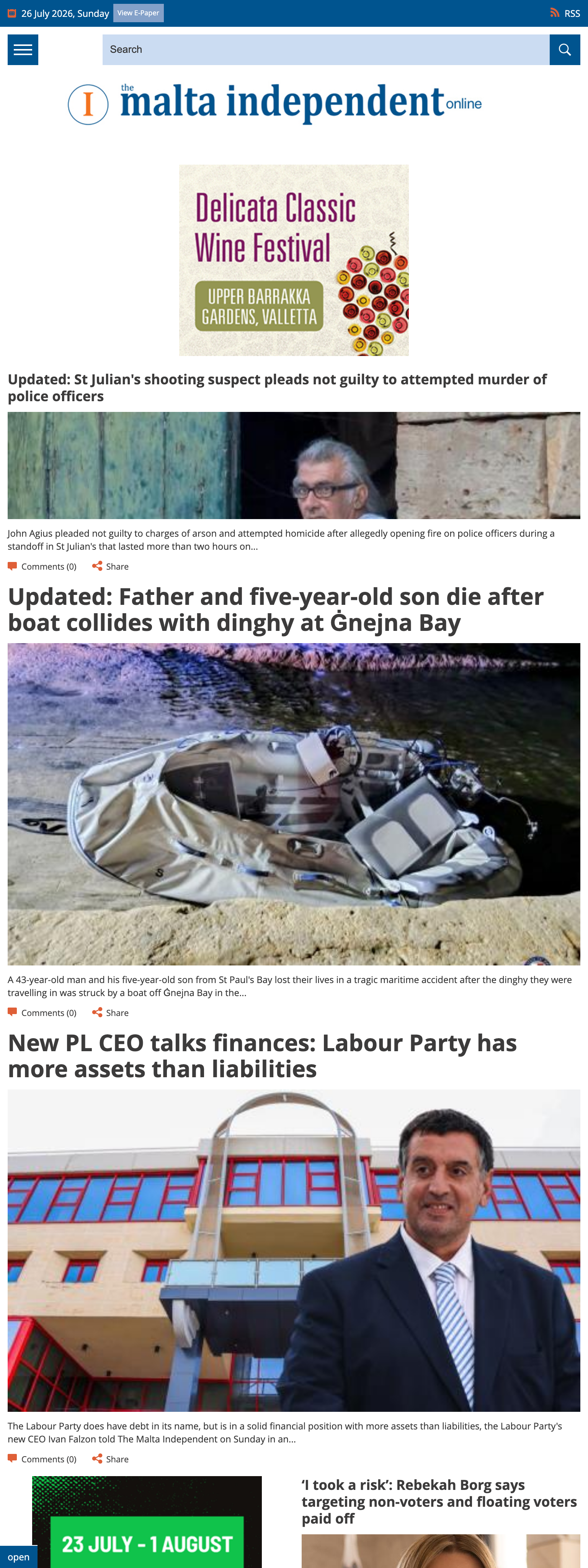 Screenshot of the The Malta Independent front page