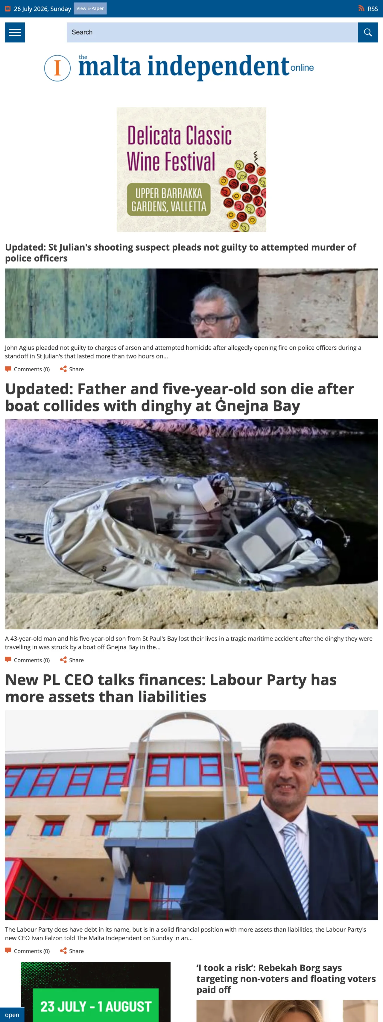 Screenshot of the The Malta Independent front page