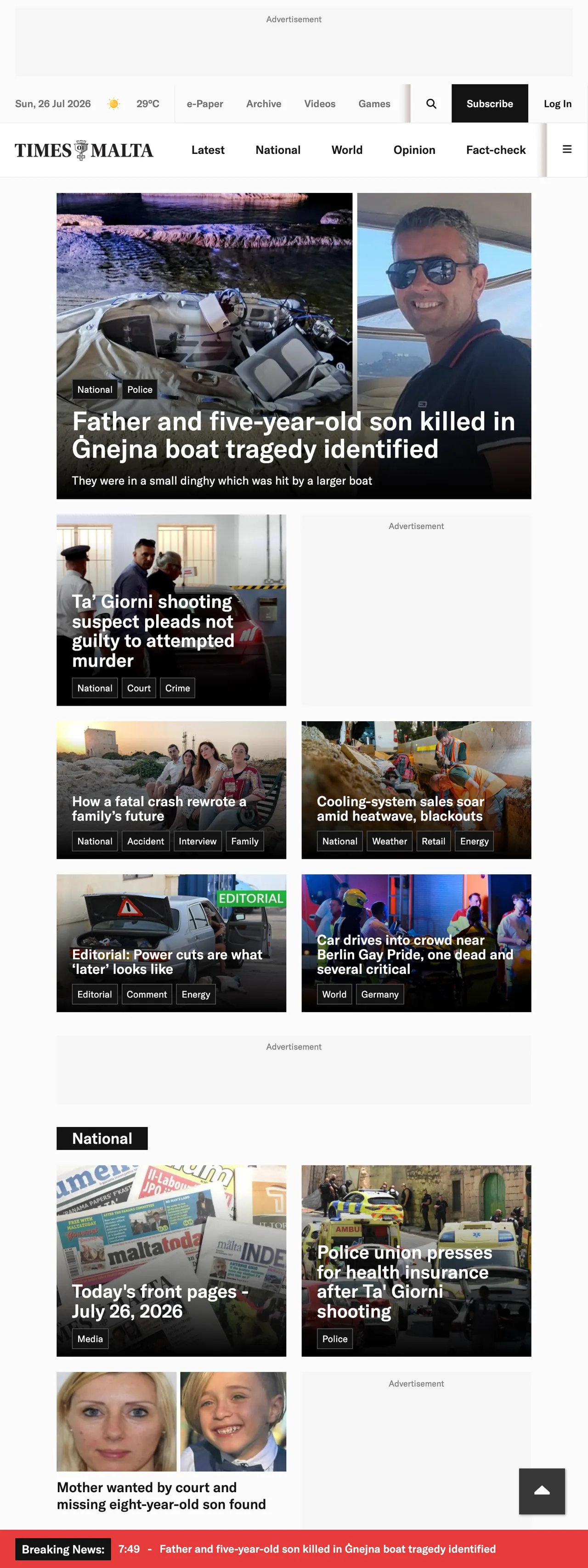 Screenshot of the Times of Malta front page