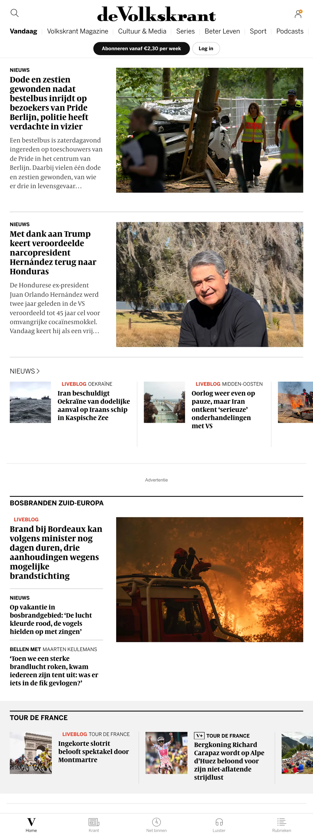 Screenshot of the de Volkskrant front page