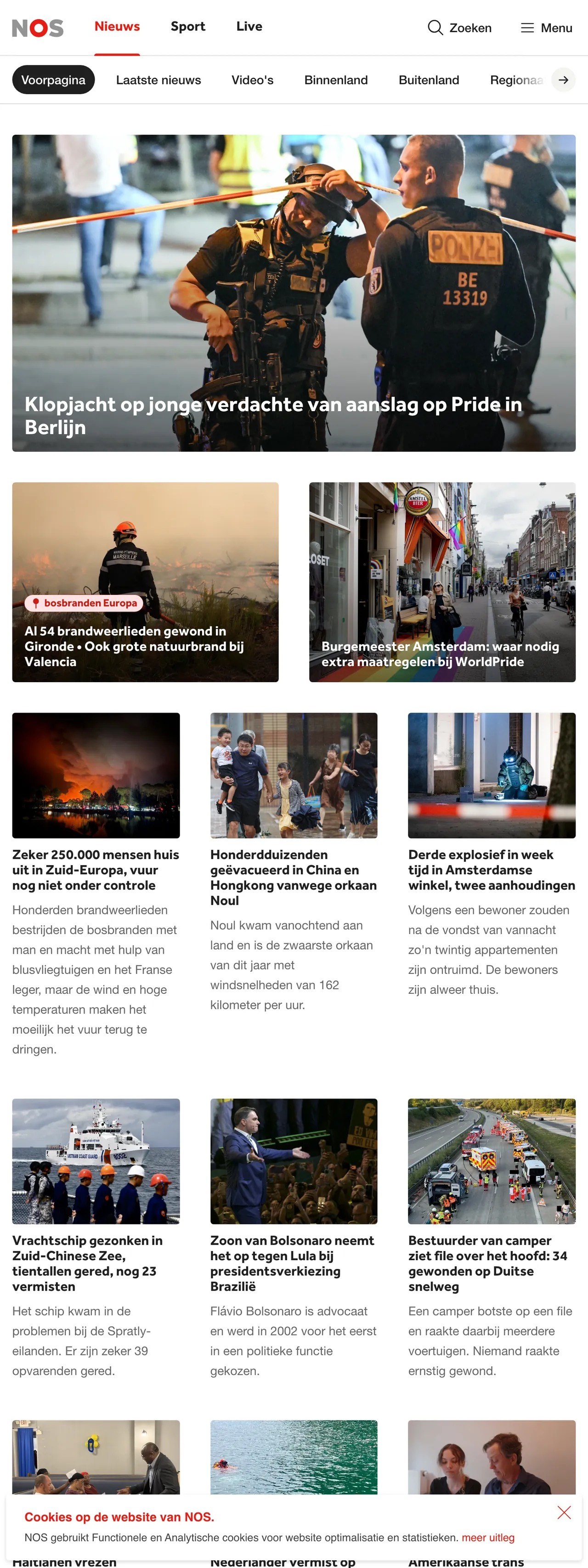 Screenshot of the NOS front page