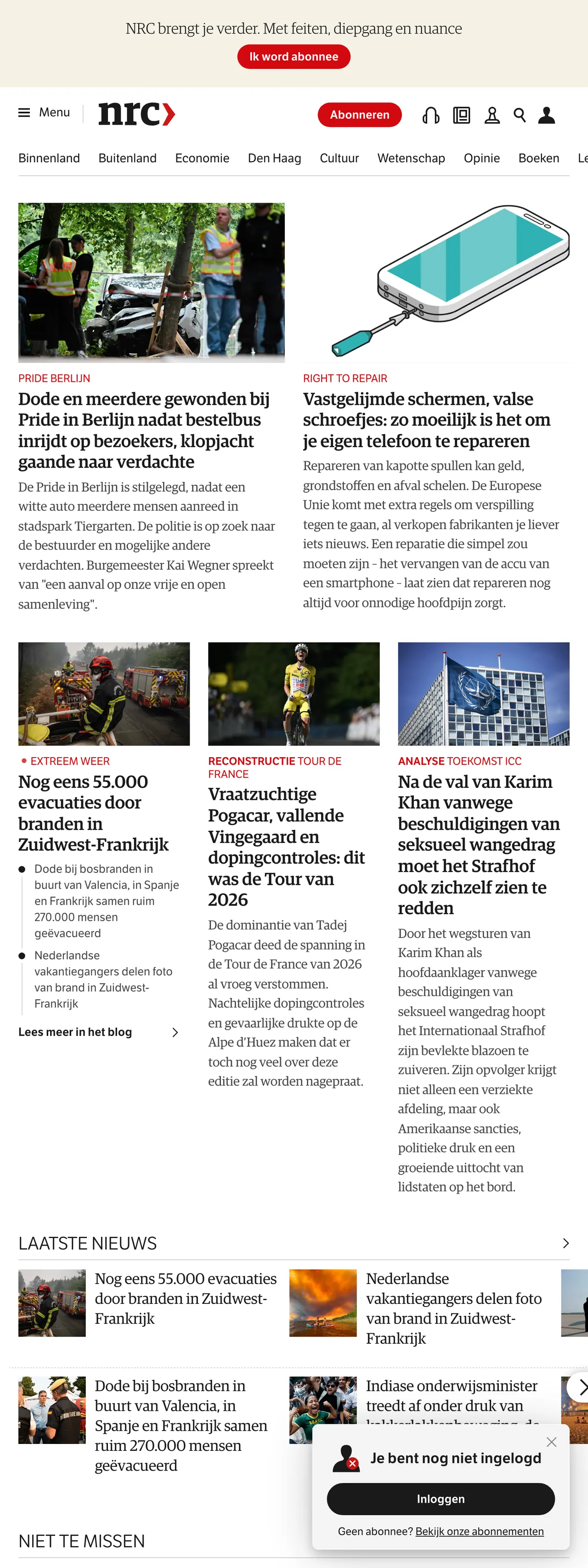 Screenshot of the NRC front page