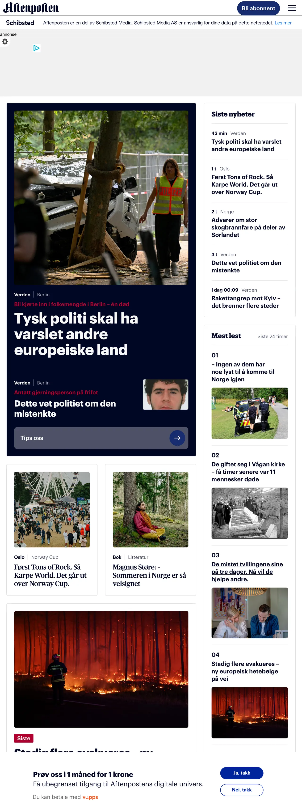 Screenshot of the Aftenposten front page