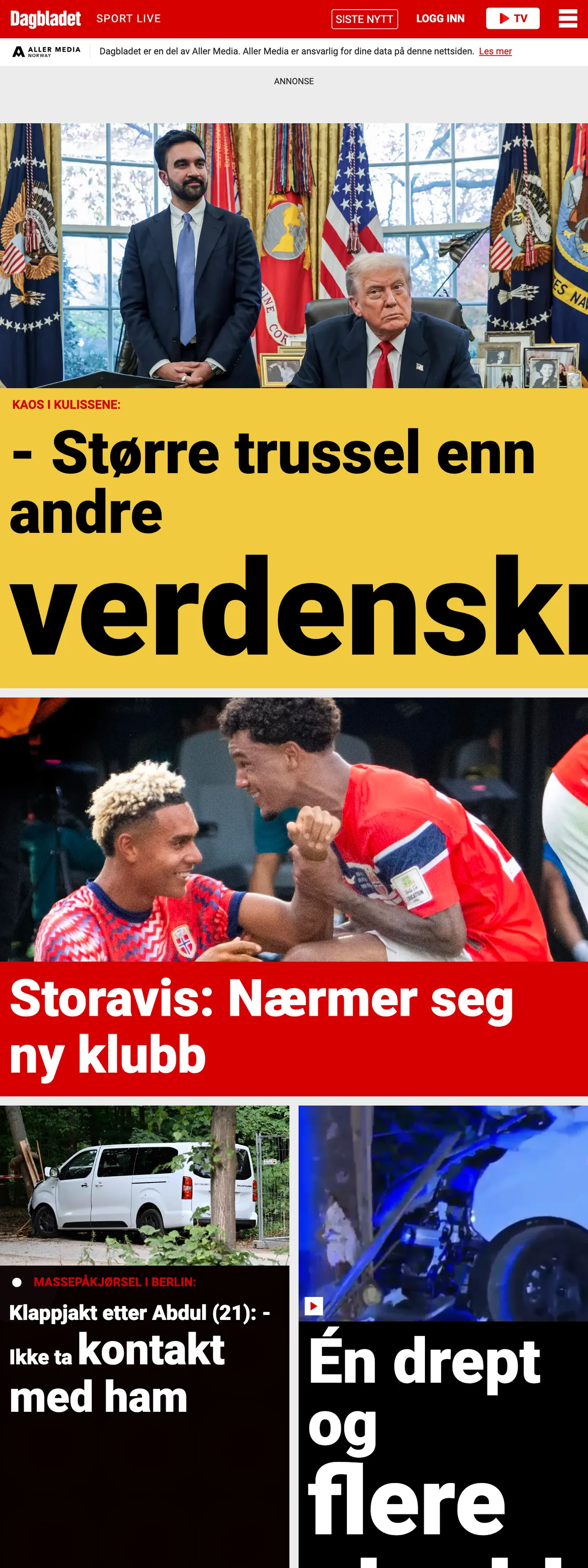 Screenshot of the Dagbladet front page